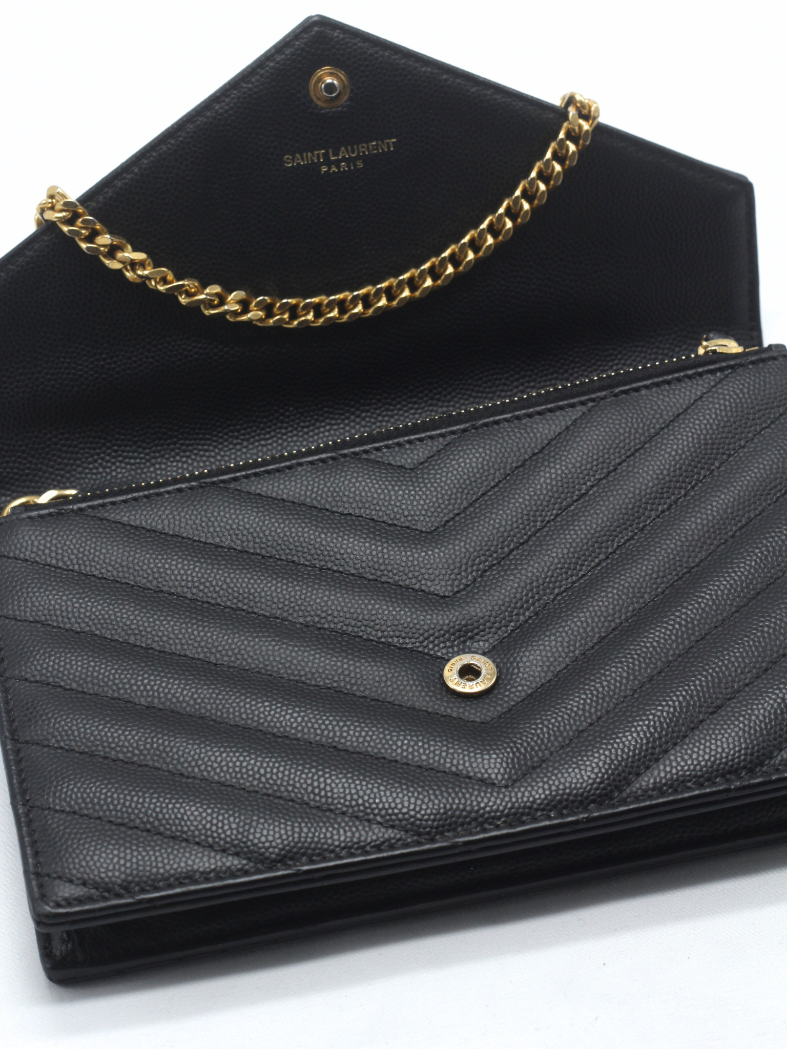 Saint Laurent Cassandre Envelope Chain Wallet in Black Grain de Poudre Leather