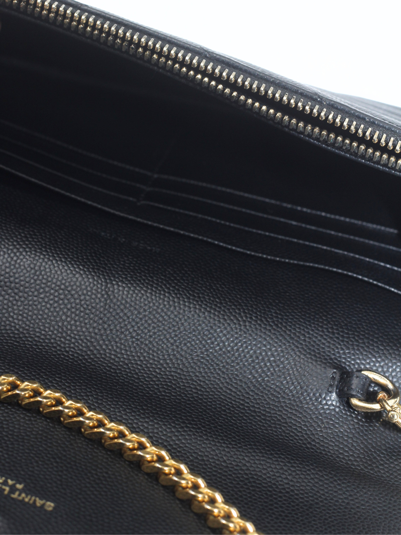 Saint Laurent Cassandre Envelope Chain Wallet in Black Grain de Poudre Leather