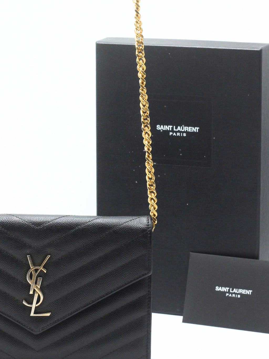 Saint Laurent Cassandre Envelope Chain Wallet in Black Grain de Poudre Leather