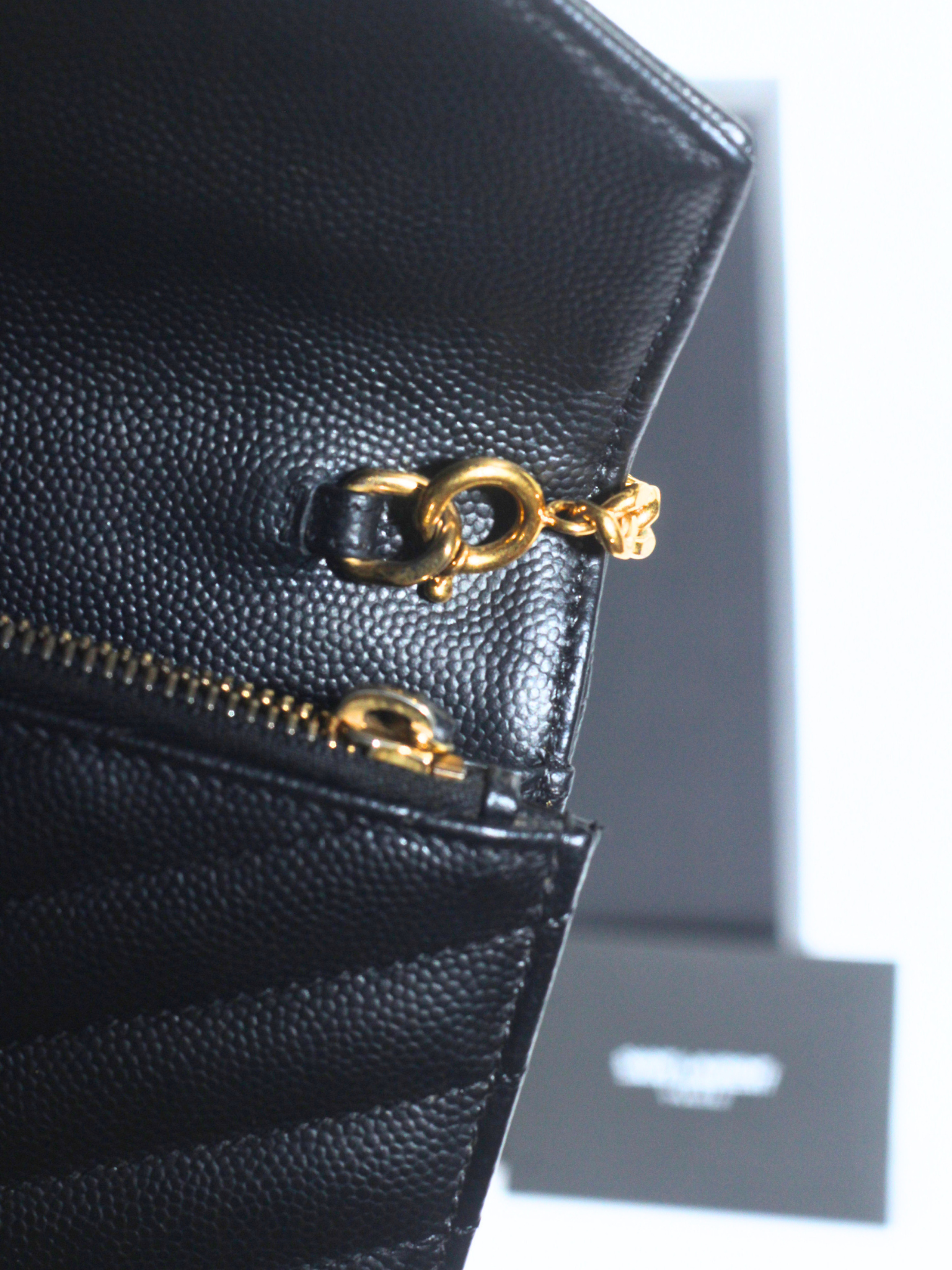 Saint Laurent Cassandre Envelope Chain Wallet in Black Grain de Poudre Leather