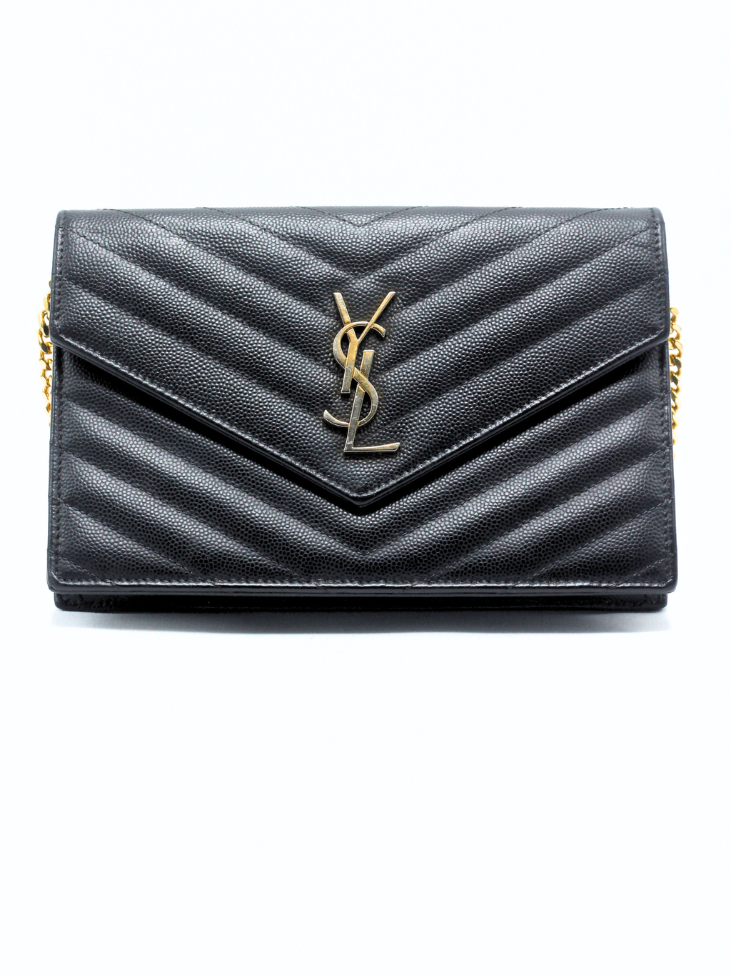 Saint Laurent Cassandre Envelope Chain Wallet in Black Grain de Poudre Leather