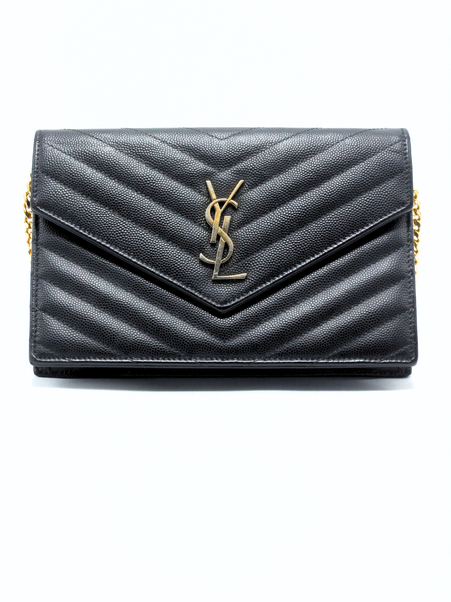 Saint Laurent Cassandre Envelope Chain Wallet in Black Grain de Poudre Leather