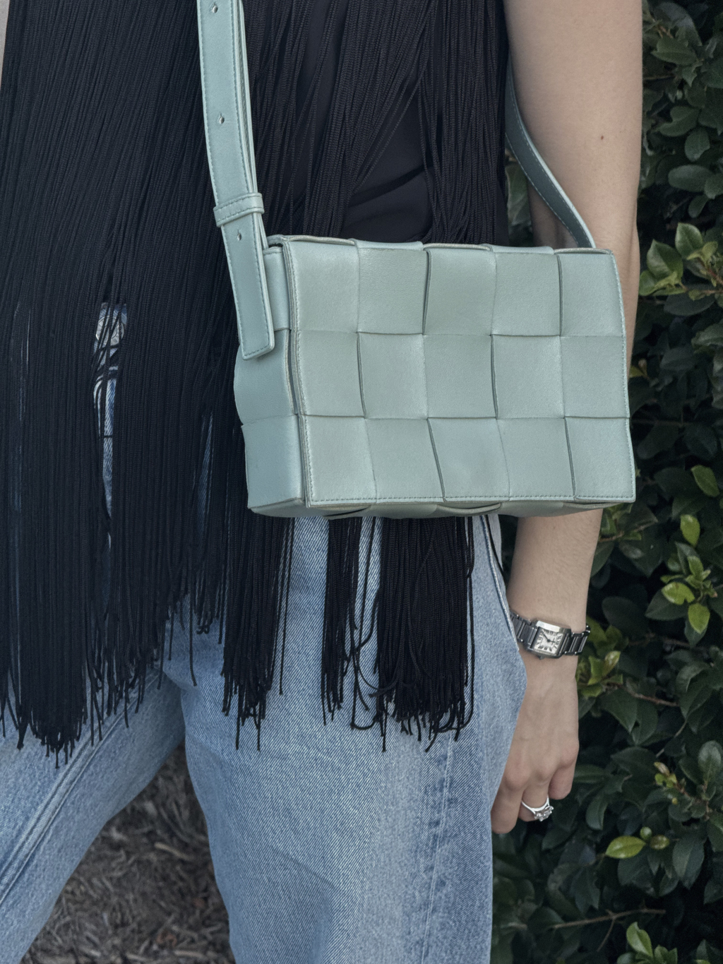 Bottega Veneta Calfskin Intreccio Cassette Bag in Teal Washed