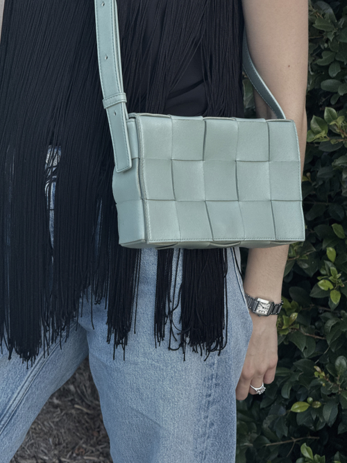 Bottega Veneta Calfskin Intreccio Cassette Bag in Teal Washed
