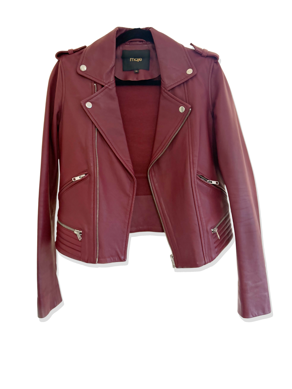 Maje Basalt Lamb Leather Biker Jacket Bordeaux - FR 36, AU 8