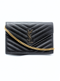 Saint Laurent Cassandre Envelope Chain Wallet in Black Grain de Poudre Leather