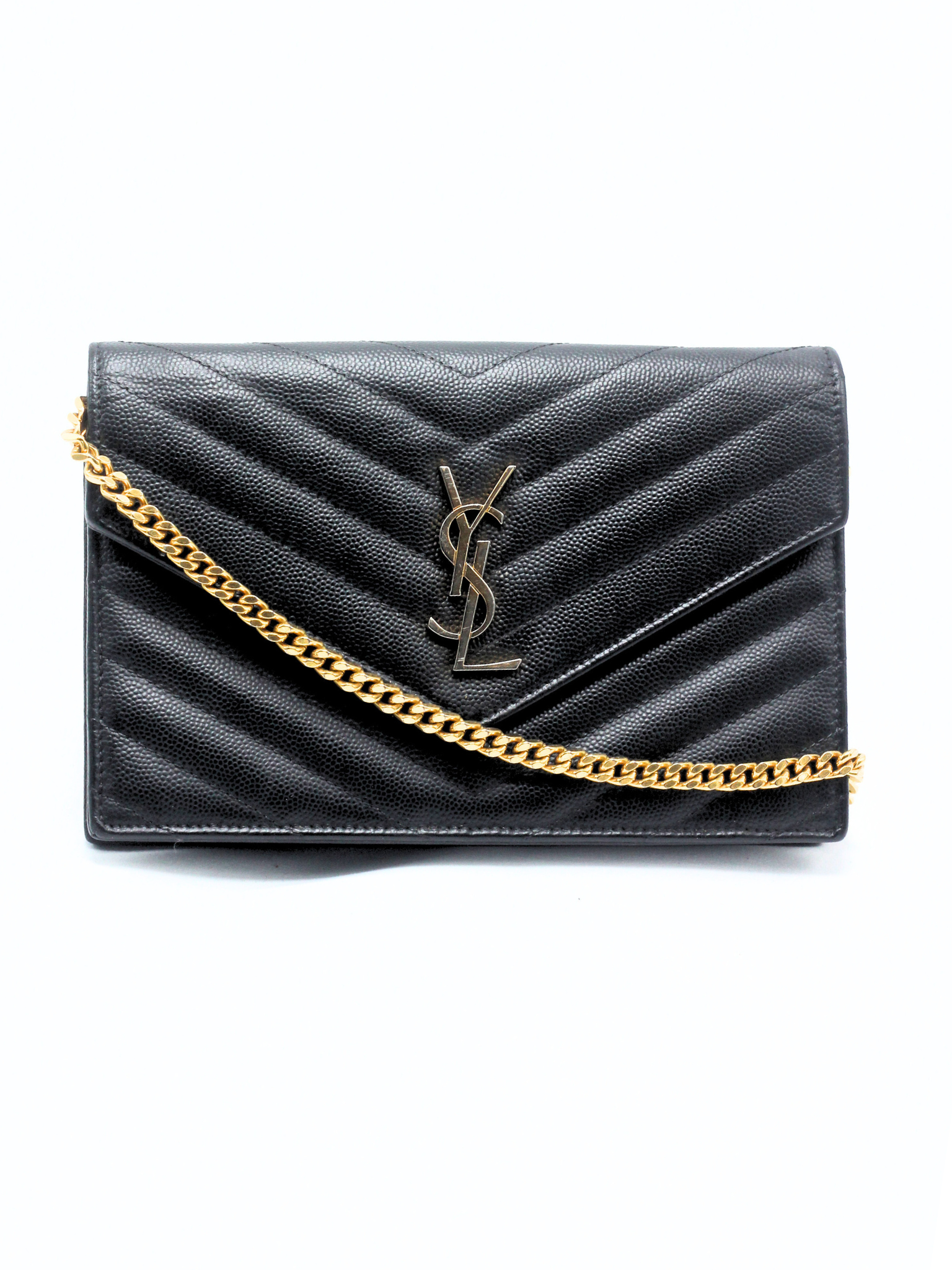Saint Laurent Cassandre Envelope Chain Wallet in Black Grain de Poudre Leather
