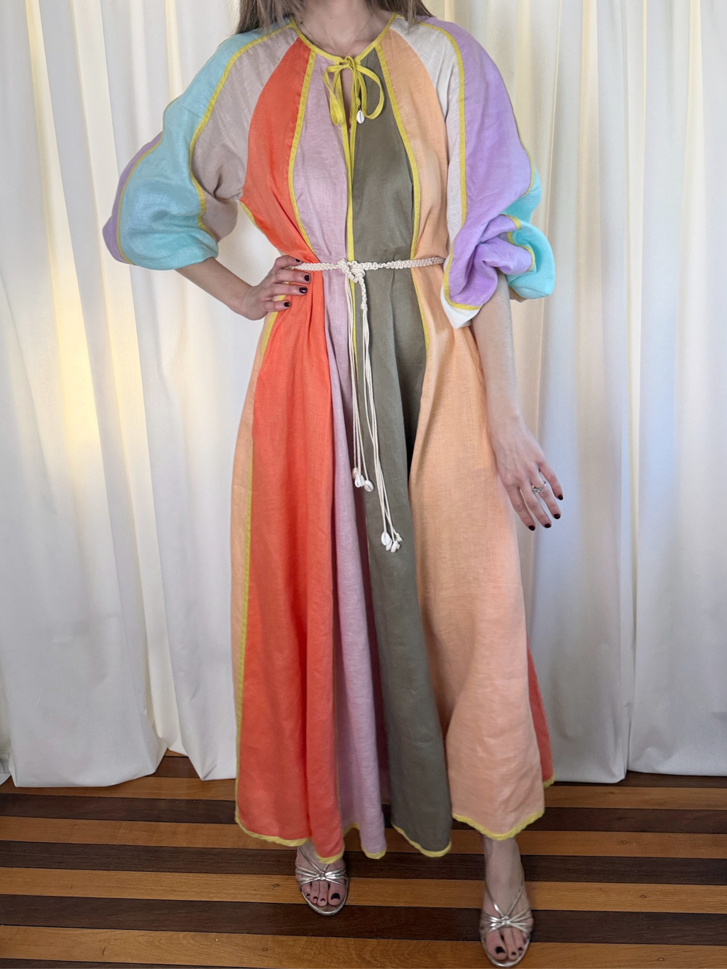 Zimmermann Multicolour Paneled Linen Belted Lola Midi Dress