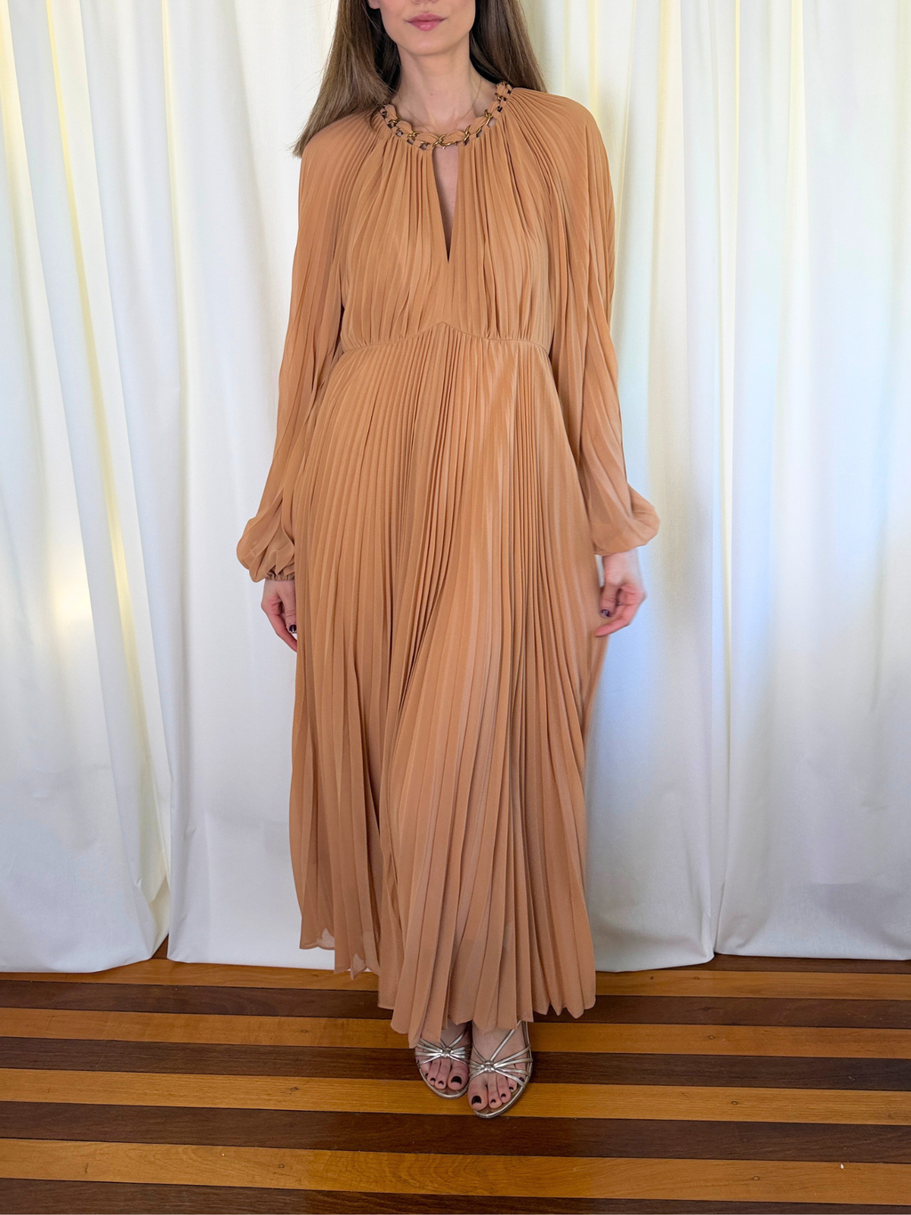 Zimmermann Sunray Chain-Embellished Pleated Chiffon Midi Dress – Size 2