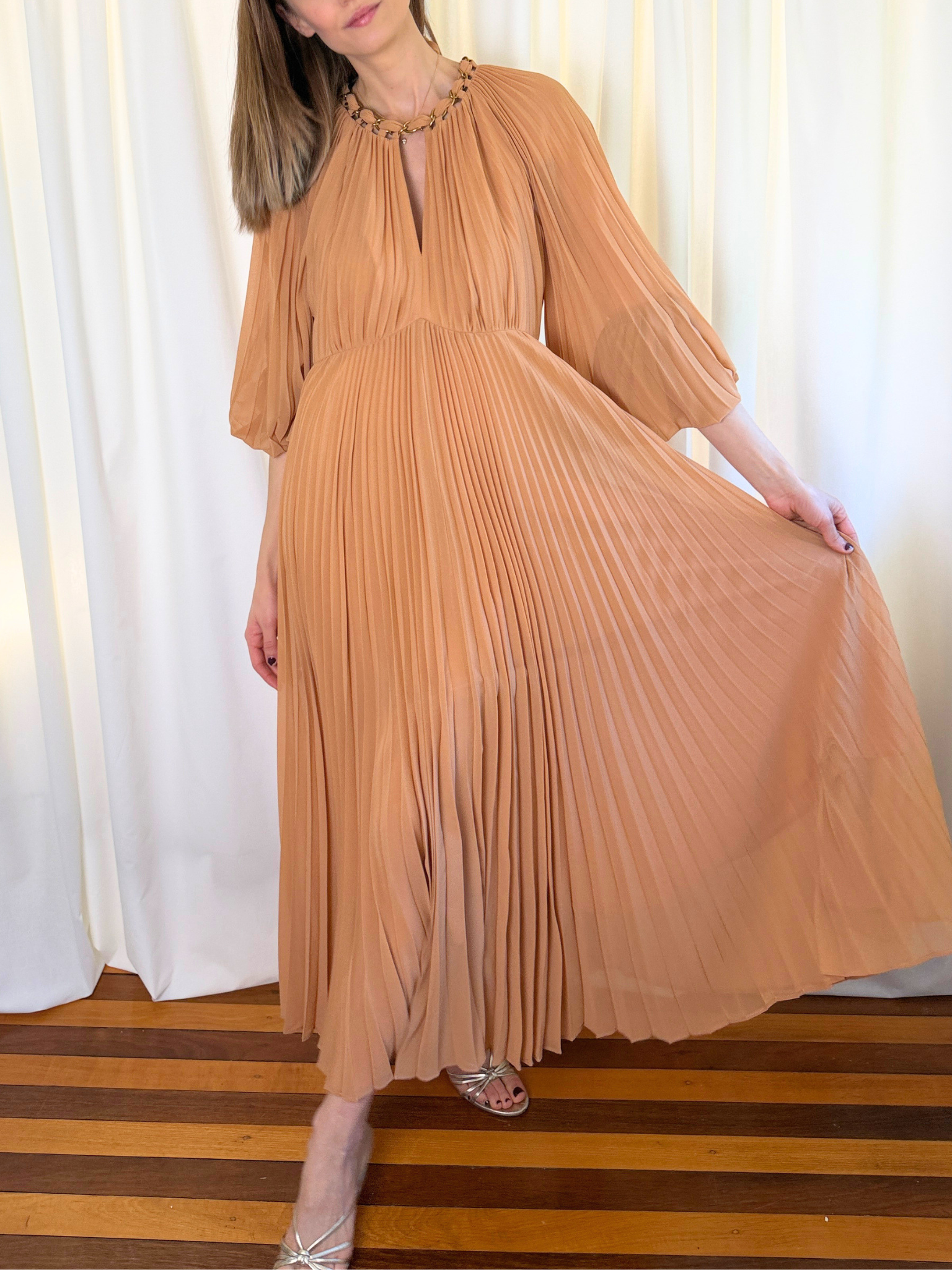 Zimmermann Sunray Chain-Embellished Pleated Chiffon Midi Dress – Size 2