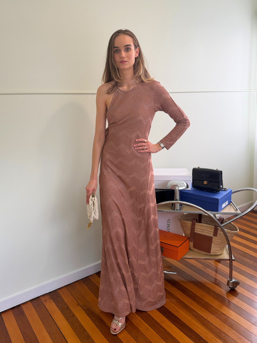 M Missoni Chevron One Shoulder Metallic Maxi Dress - Size XS