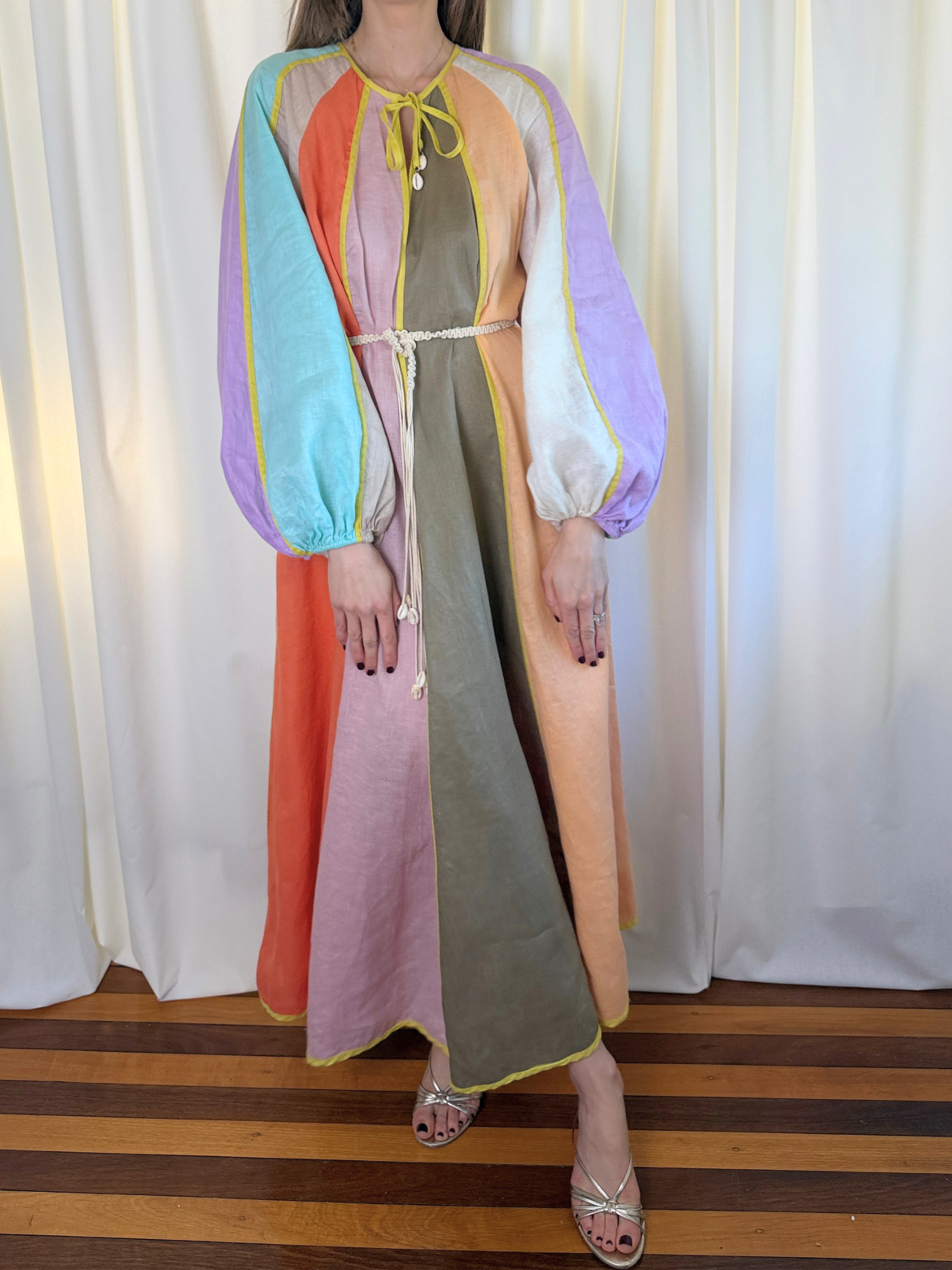 Zimmermann Multicolour Paneled Linen Belted Lola Midi Dress