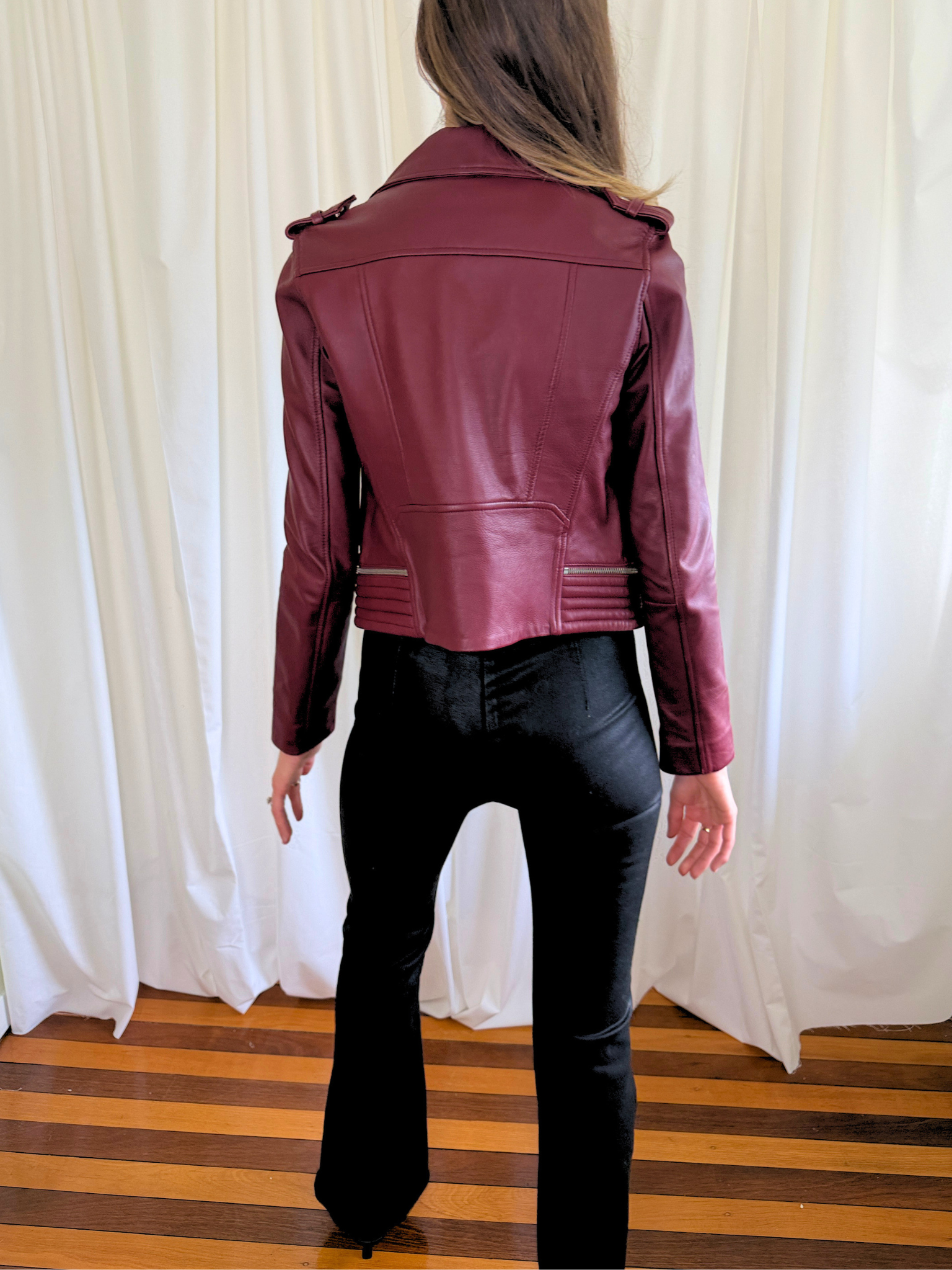 Maje Basalt Lamb Leather Biker Jacket Bordeaux - FR 36, AU 8