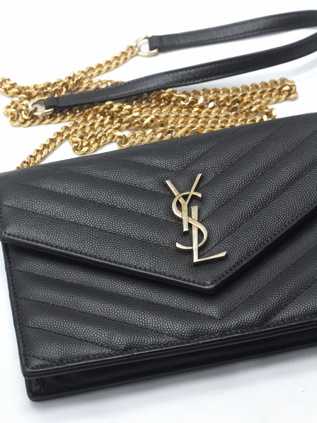 Saint Laurent Cassandre Envelope Chain Wallet in Black Grain de Poudre Leather