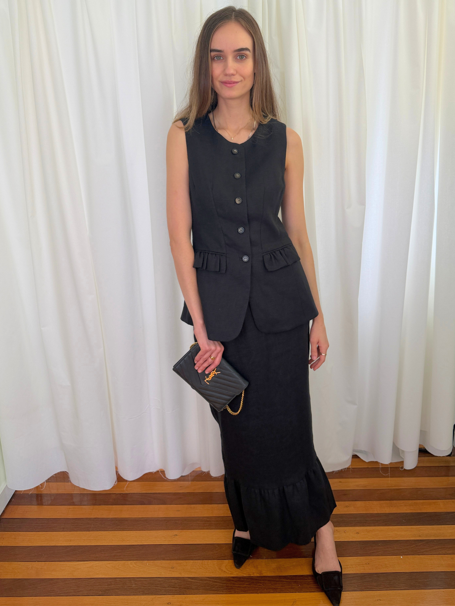 Posse Matilda Ruffled Set - Gilet Vest and Skirt - Black Linen - Small