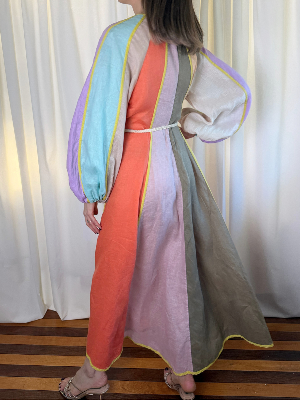 Zimmermann Multicolour Paneled Linen Belted Lola Midi Dress