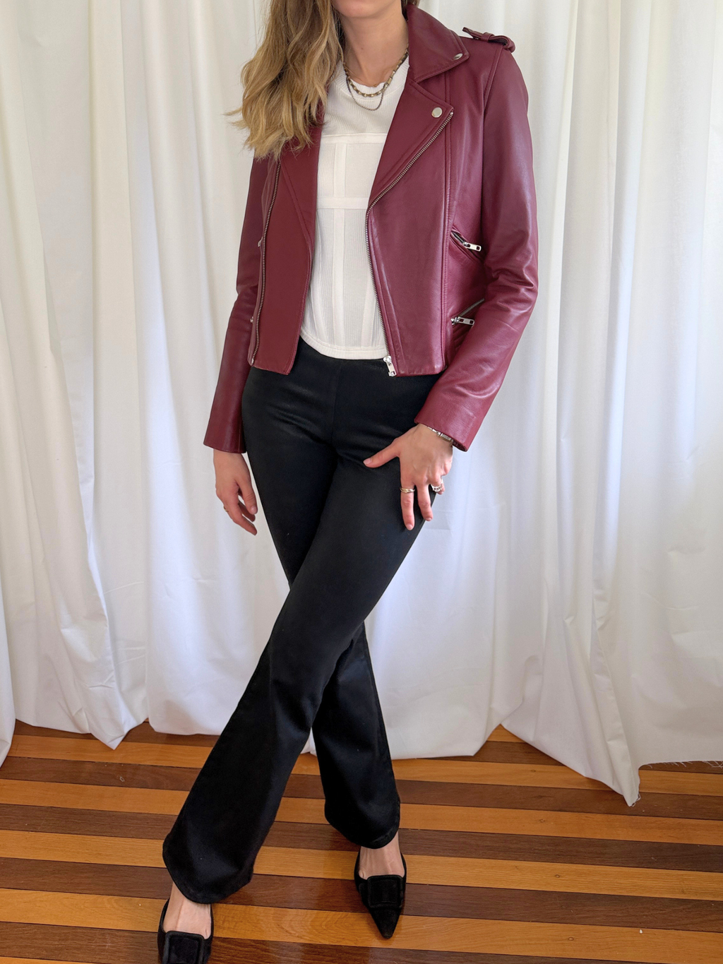 Maje Basalt Lamb Leather Biker Jacket Bordeaux - FR 36, AU 8