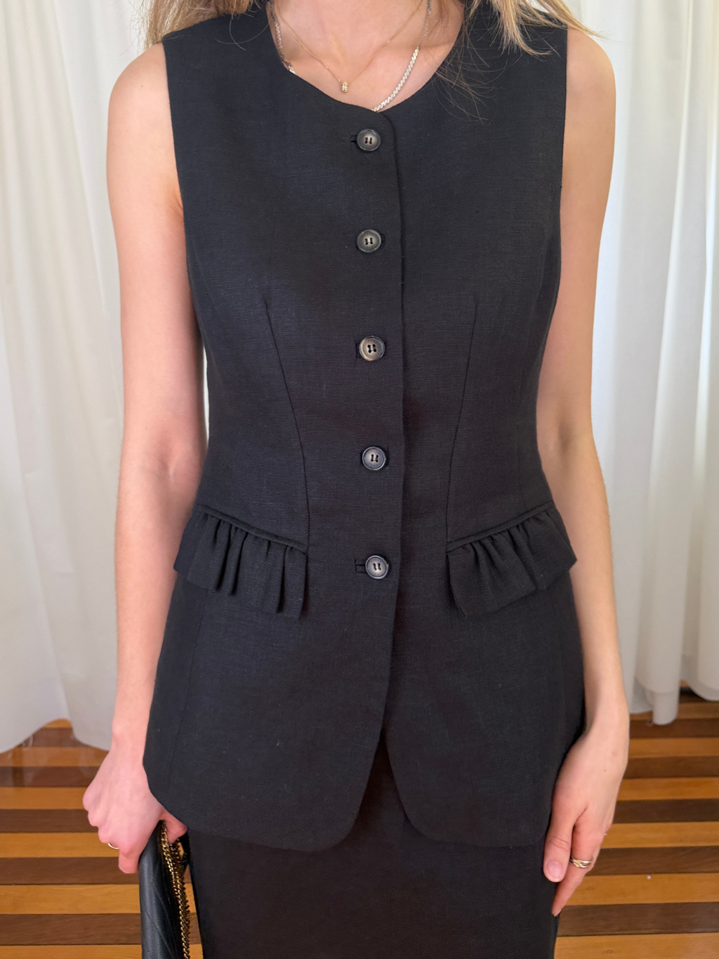 Posse Matilda Ruffled Set - Gilet Vest and Skirt - Black Linen - Small