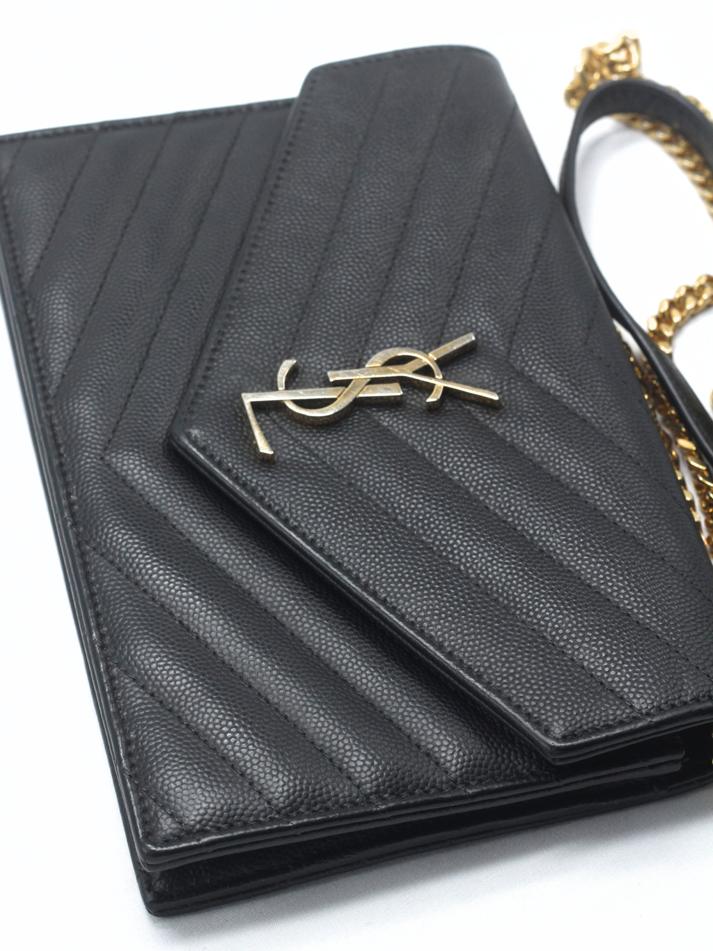 Saint Laurent Cassandre Envelope Chain Wallet in Black Grain de Poudre Leather
