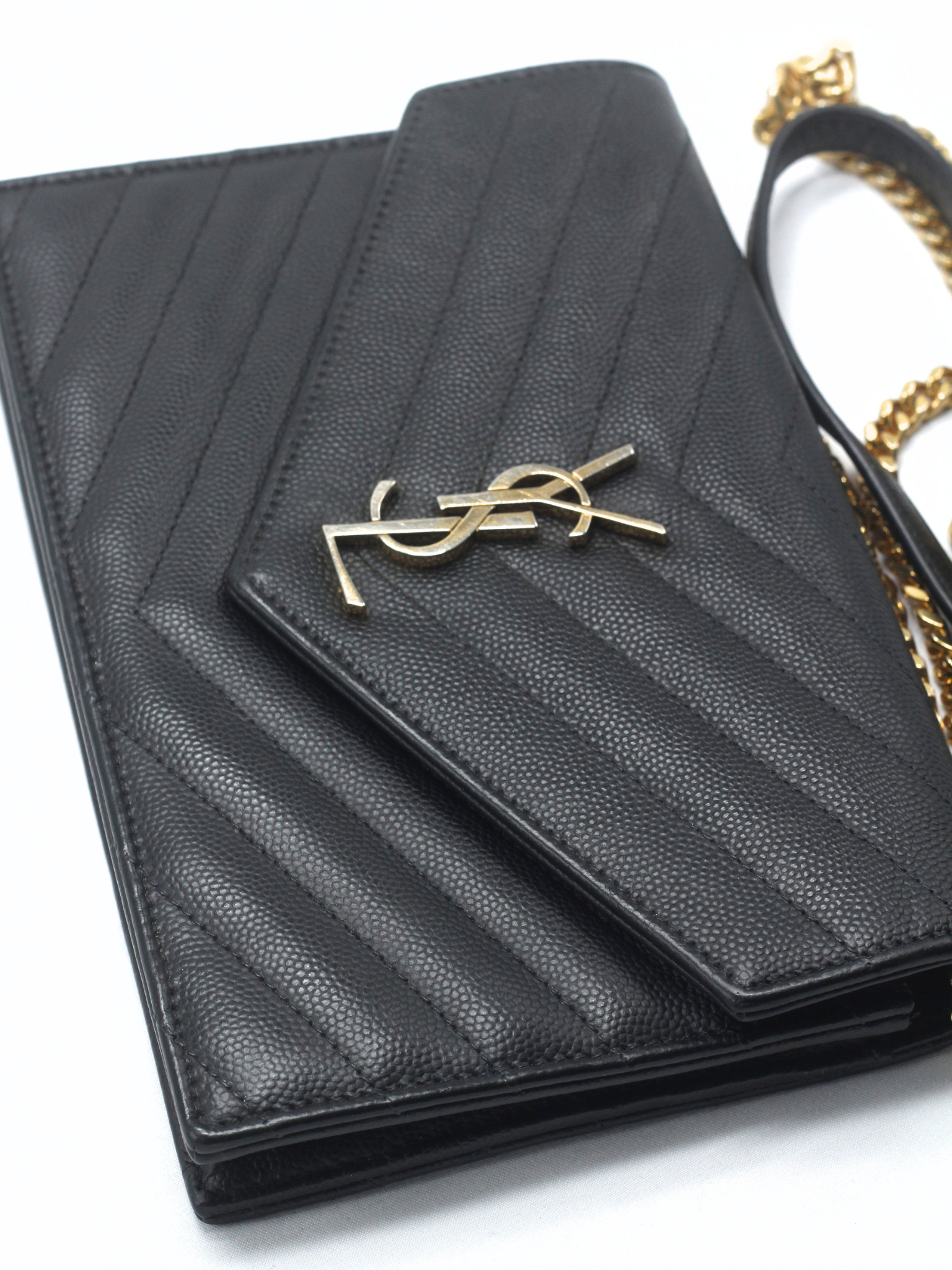 Saint Laurent Cassandre Envelope Chain Wallet in Black Grain de Poudre Leather