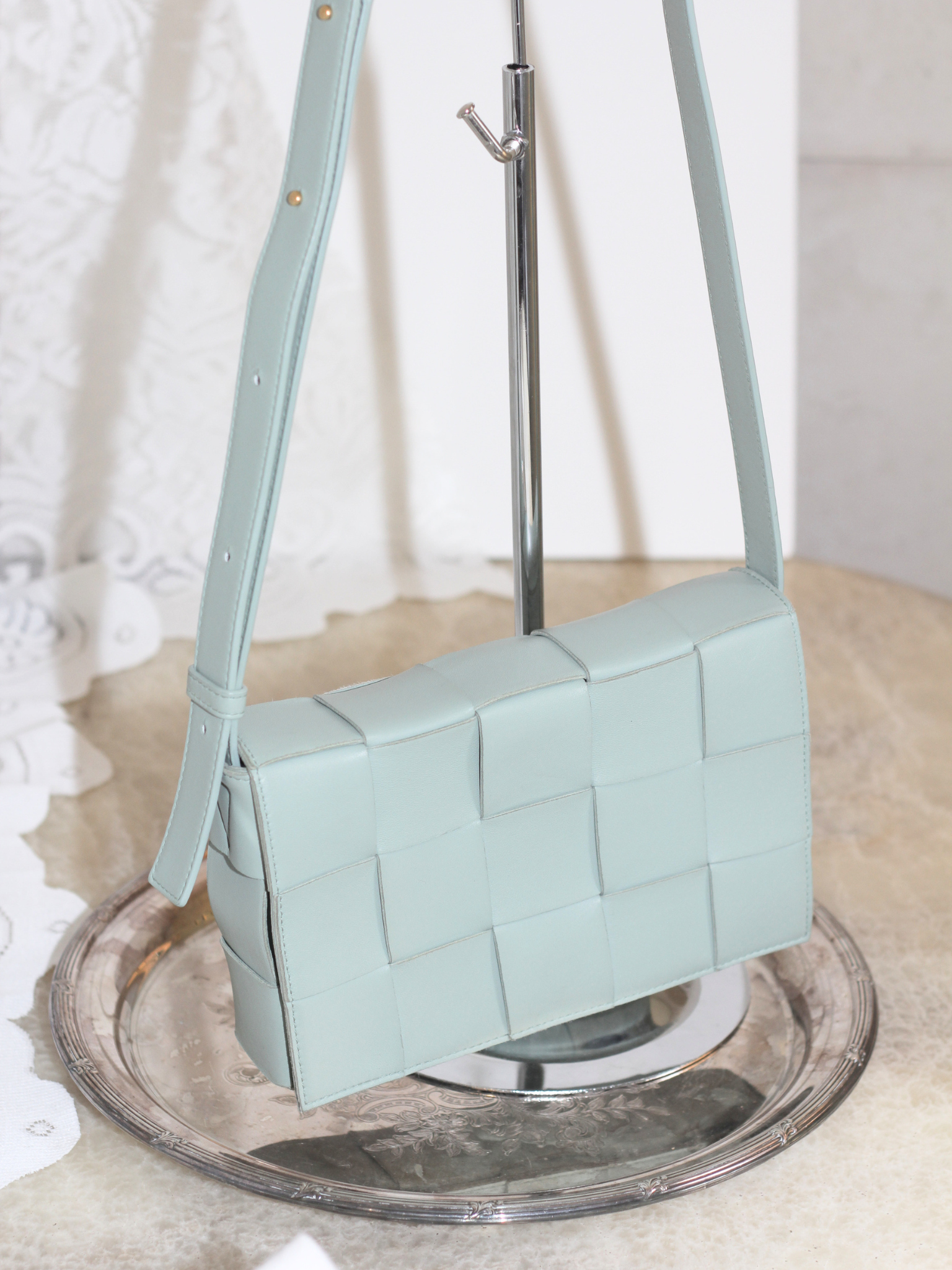 Bottega Veneta Calfskin Intreccio Cassette Bag in Teal Washed