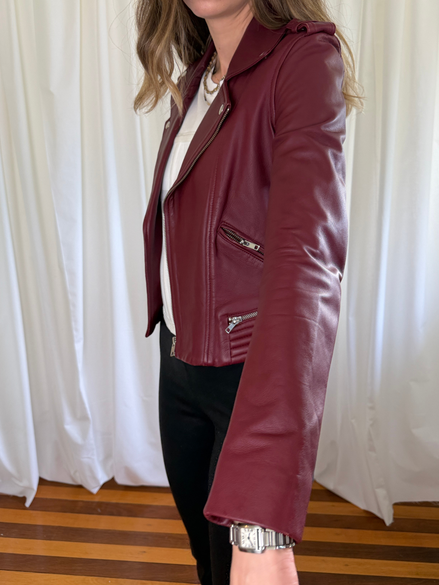 Maje Basalt Lamb Leather Biker Jacket Bordeaux - FR 36, AU 8