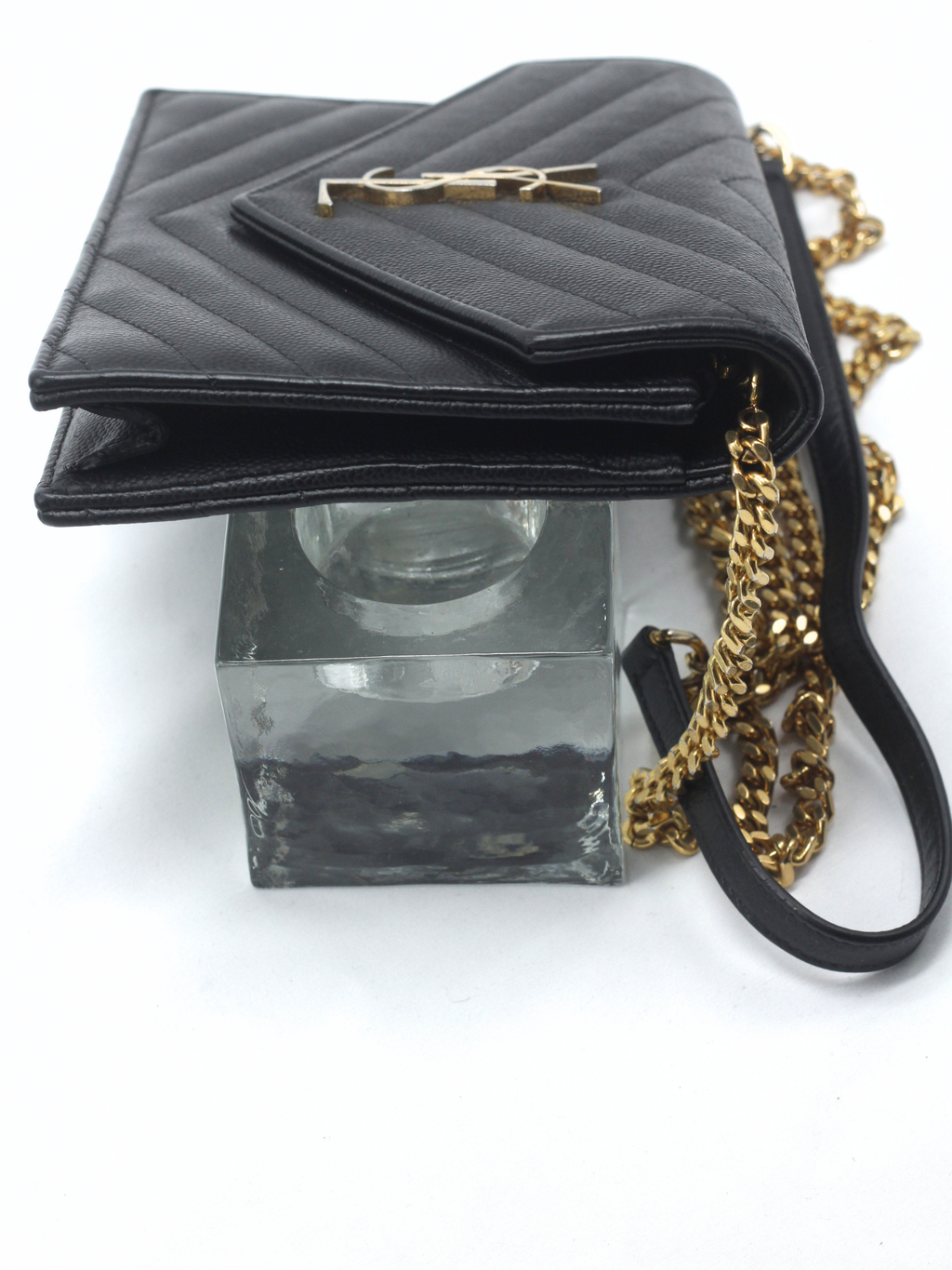 Saint Laurent Cassandre Envelope Chain Wallet in Black Grain de Poudre Leather