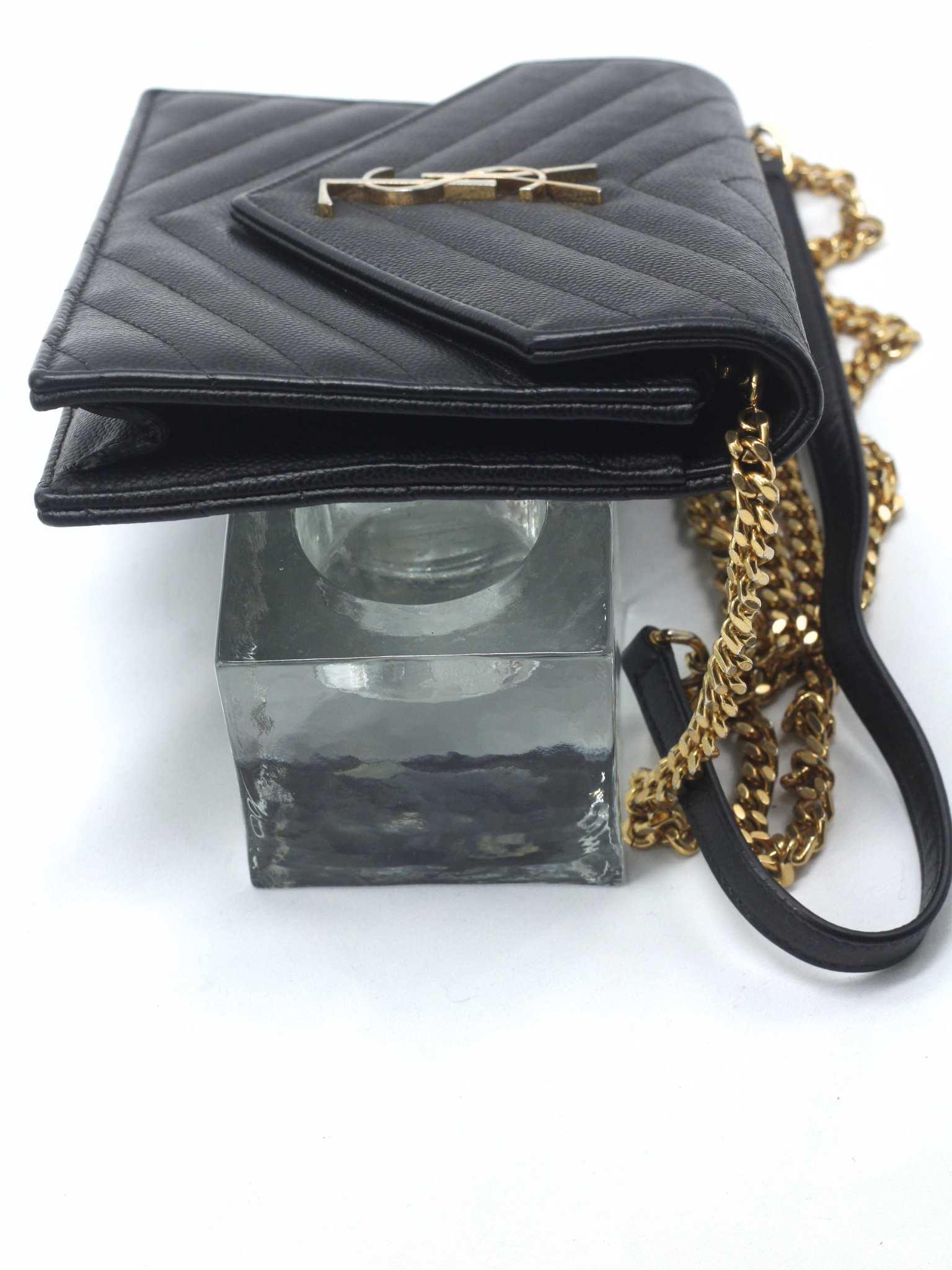 Saint Laurent Cassandre Envelope Chain Wallet in Black Grain de Poudre Leather