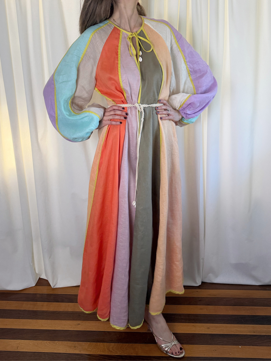 Zimmermann Multicolour Paneled Linen Belted Lola Midi Dress