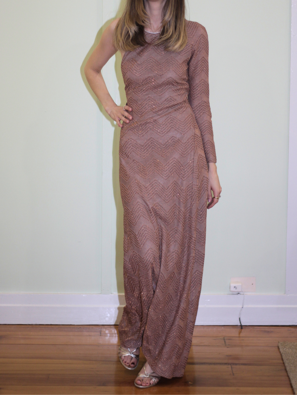 M Missoni Chevron One Shoulder Metallic Maxi Dress - Size XS