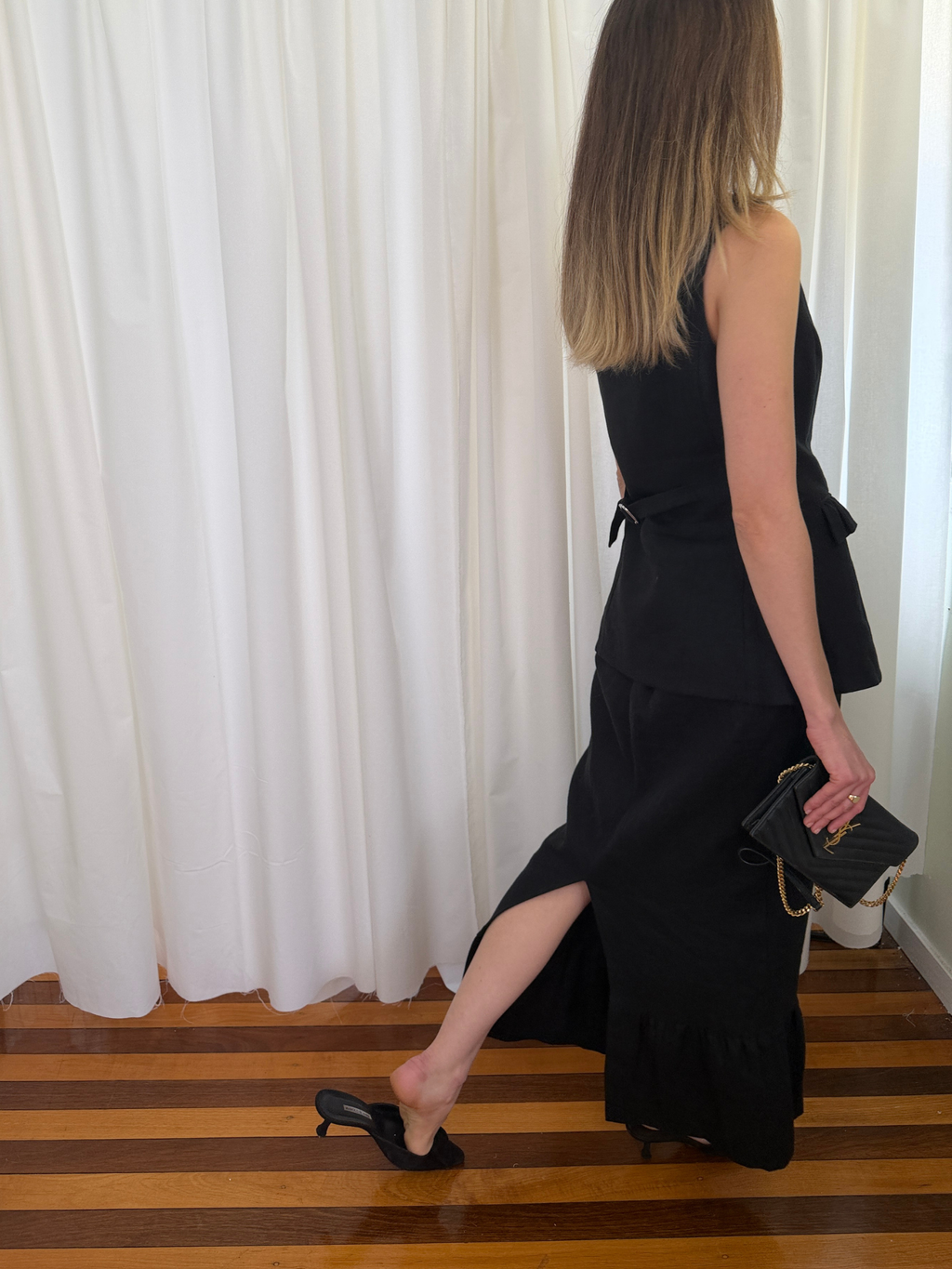 Posse Matilda Ruffled Set - Gilet Vest and Skirt - Black Linen - Small