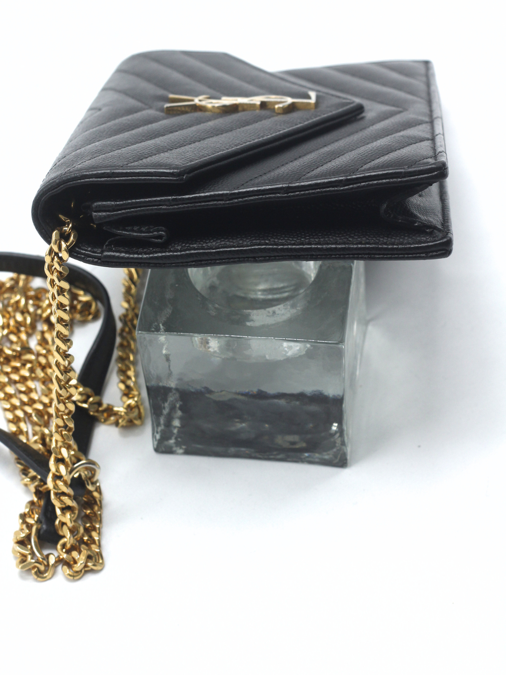 Saint Laurent Cassandre Envelope Chain Wallet in Black Grain de Poudre Leather