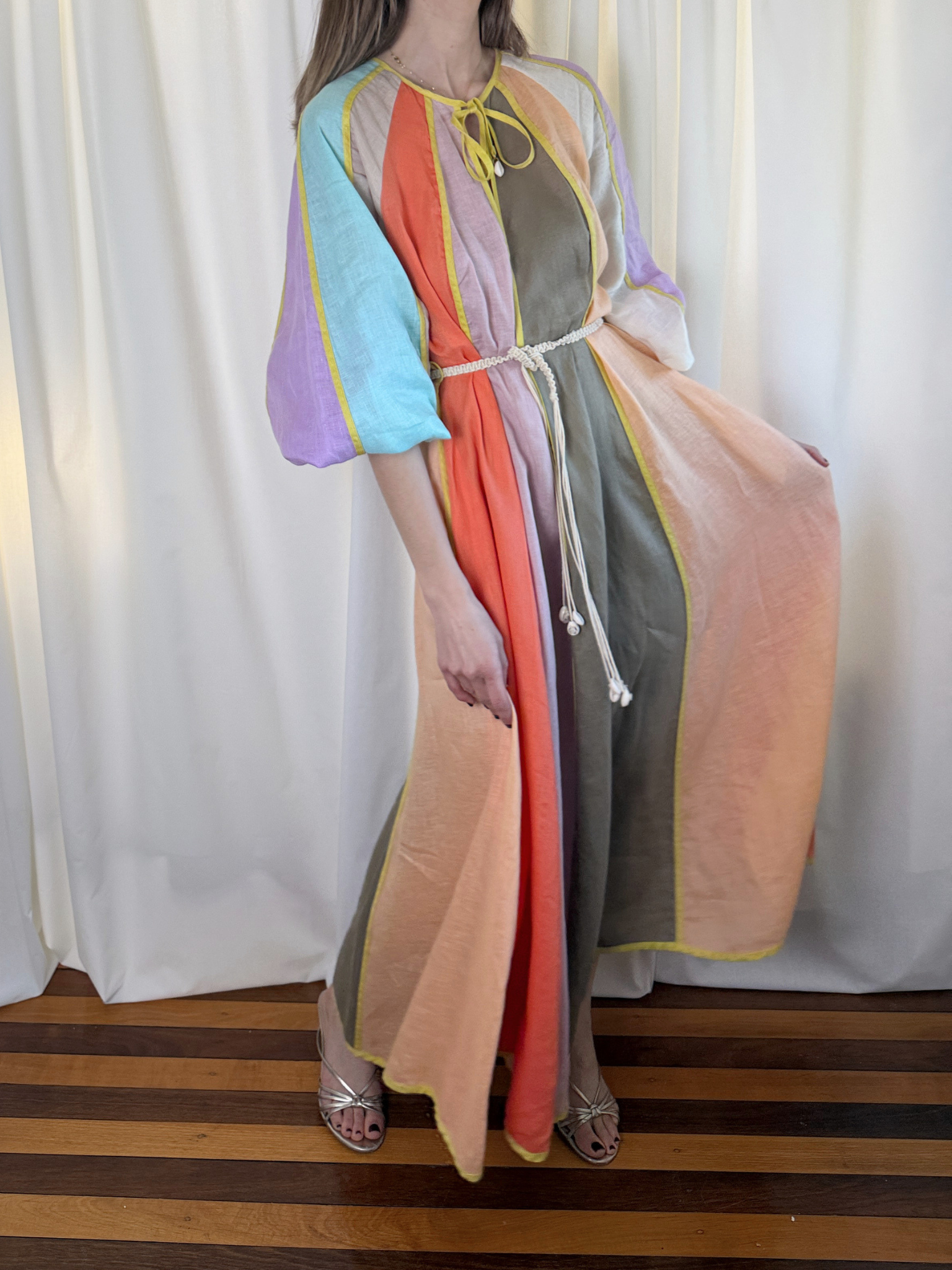 Zimmermann Multicolour Paneled Linen Belted Lola Midi Dress