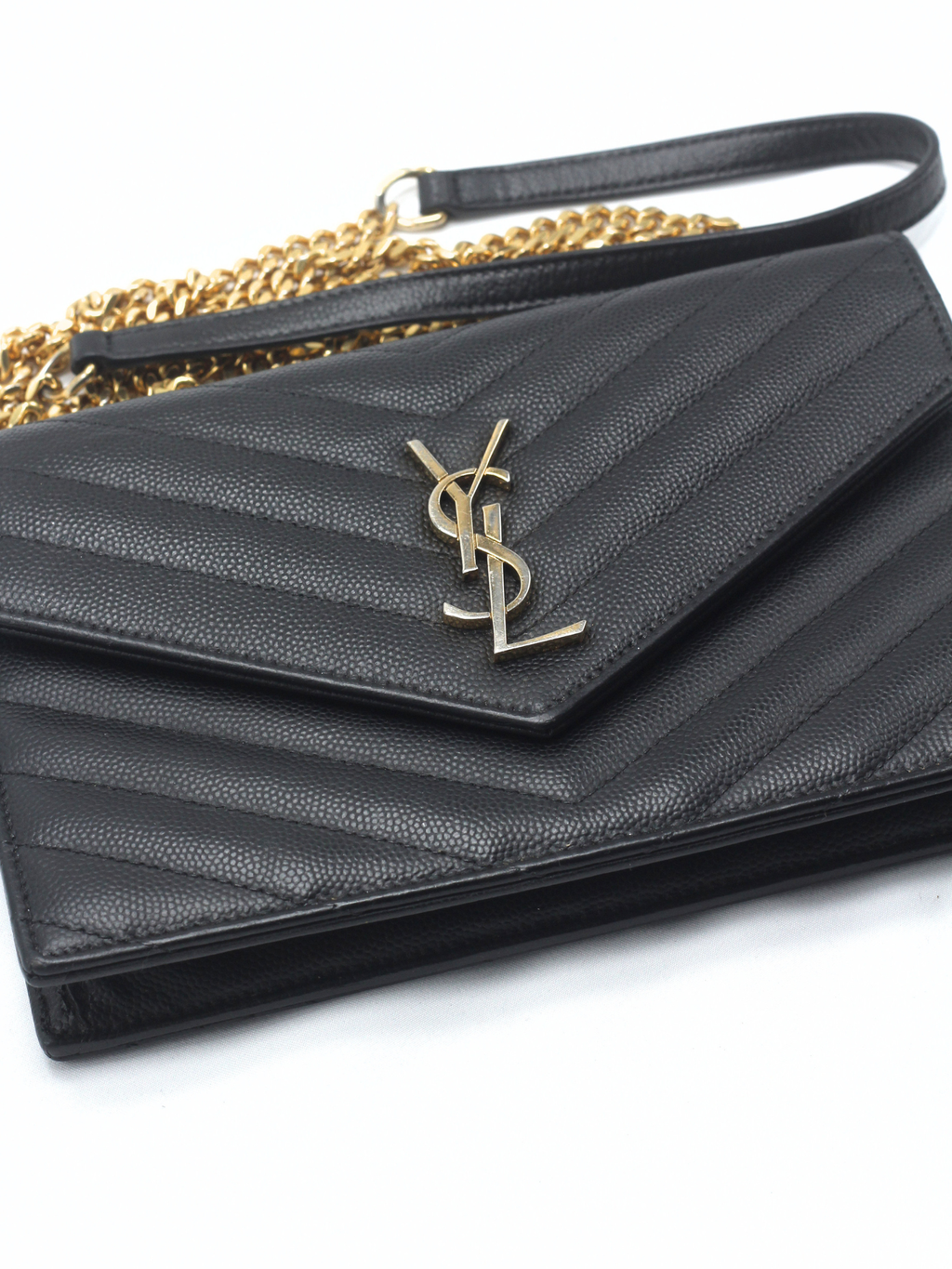 Saint Laurent Cassandre Envelope Chain Wallet in Black Grain de Poudre Leather