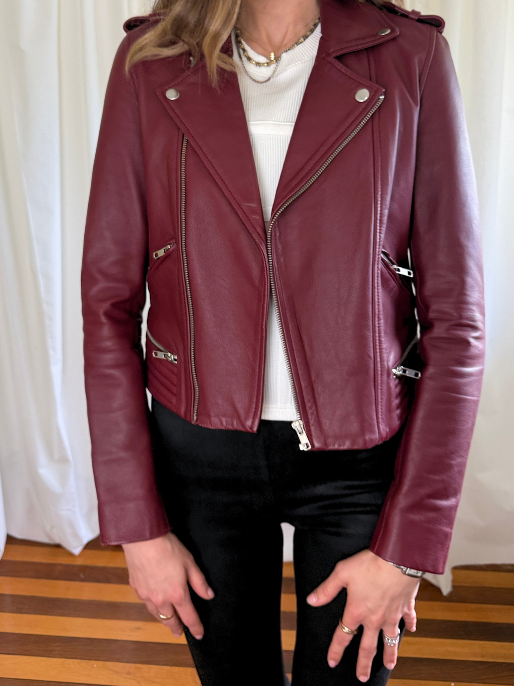 Maje Basalt Lamb Leather Biker Jacket Bordeaux - FR 36, AU 8