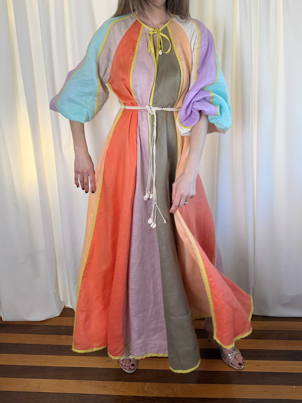 Zimmermann Multicolour Paneled Linen Belted Lola Midi Dress