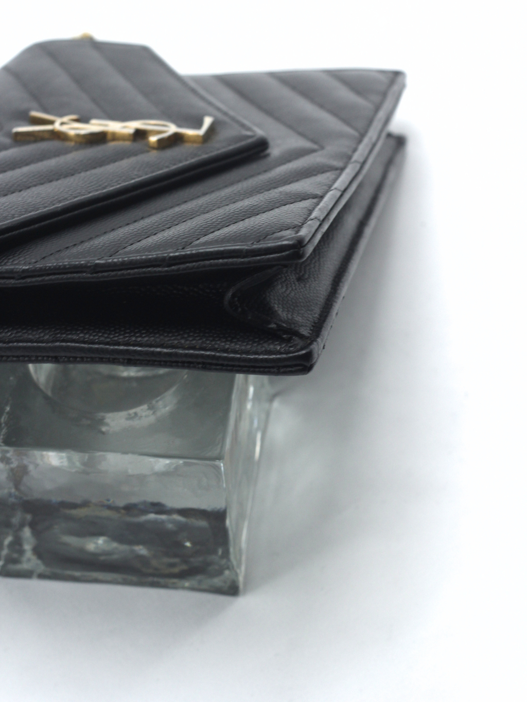 Saint Laurent Cassandre Envelope Chain Wallet in Black Grain de Poudre Leather