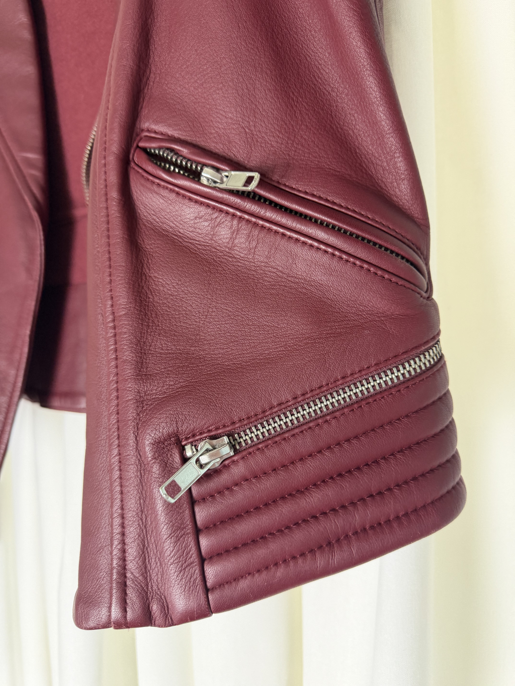 Maje Basalt Lamb Leather Biker Jacket Bordeaux - FR 36, AU 8