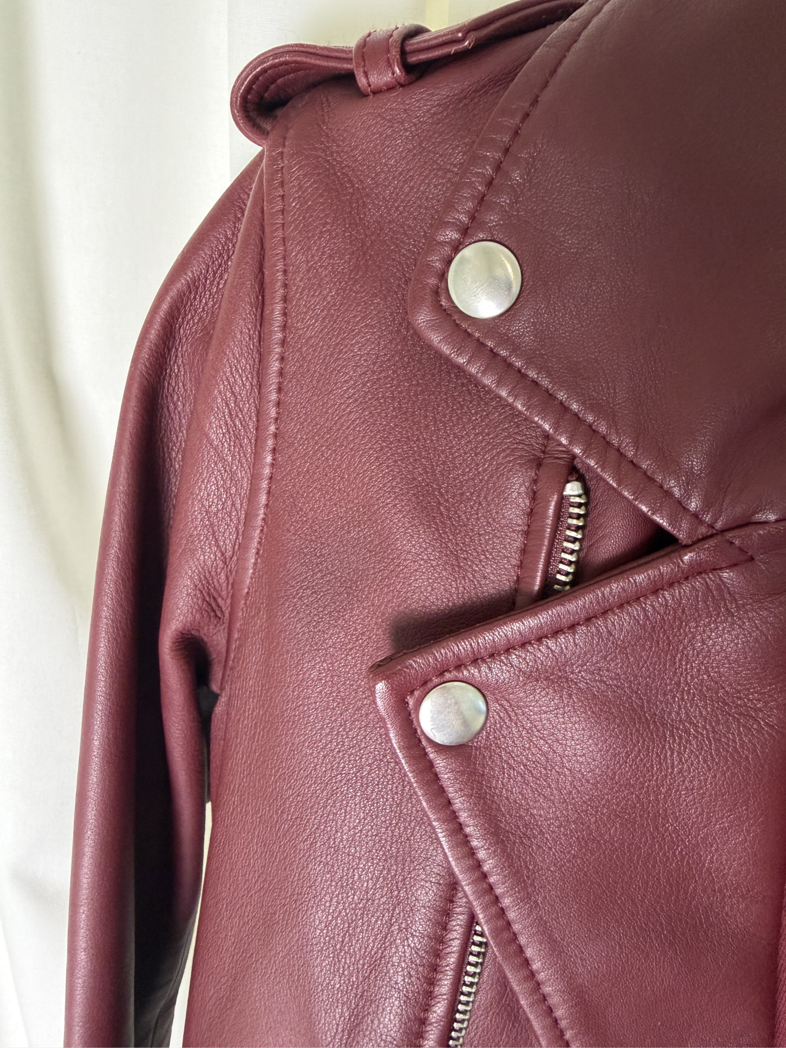 Maje Basalt Lamb Leather Biker Jacket Bordeaux - FR 36, AU 8