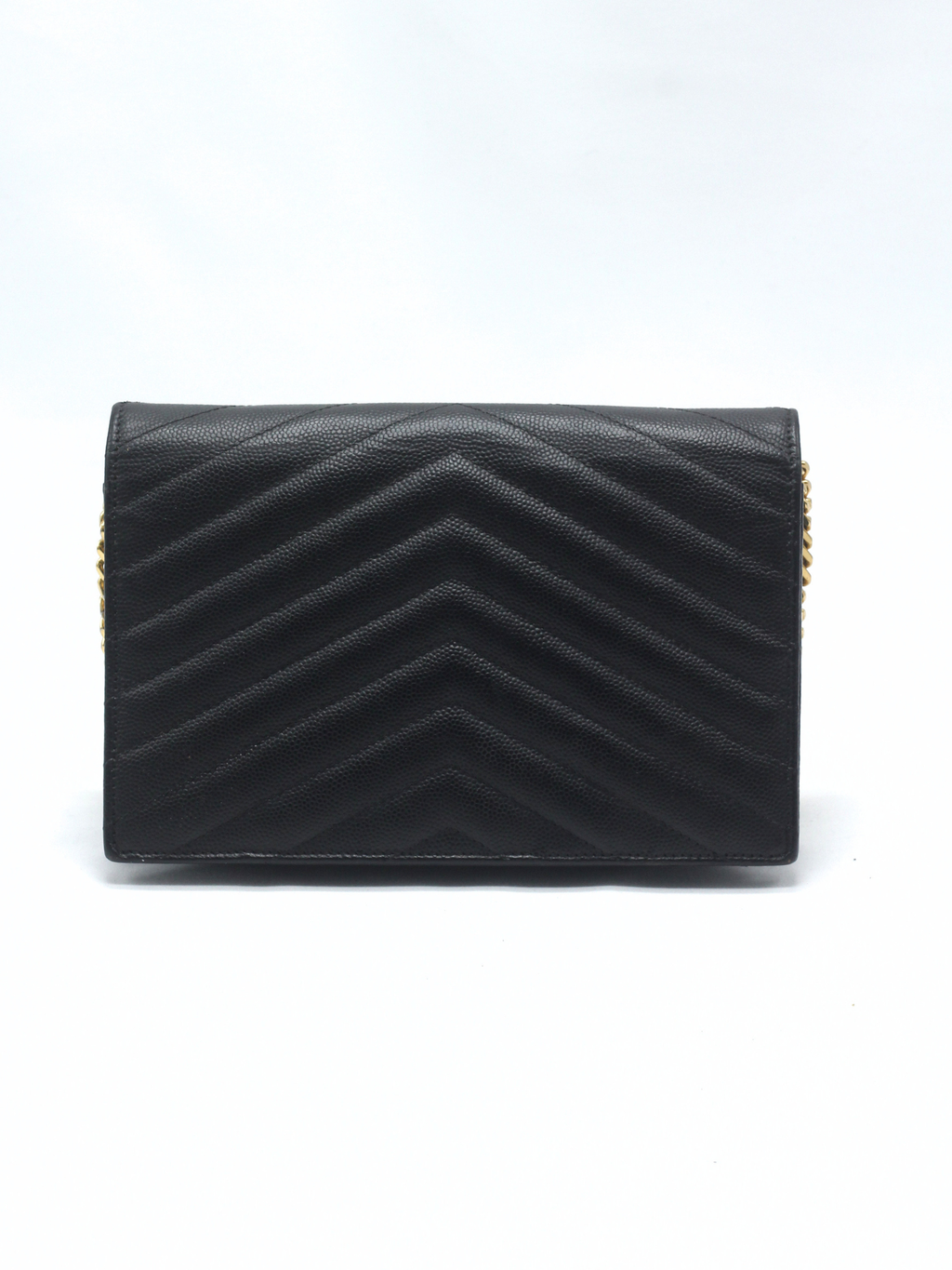 Saint Laurent Cassandre Envelope Chain Wallet in Black Grain de Poudre Leather