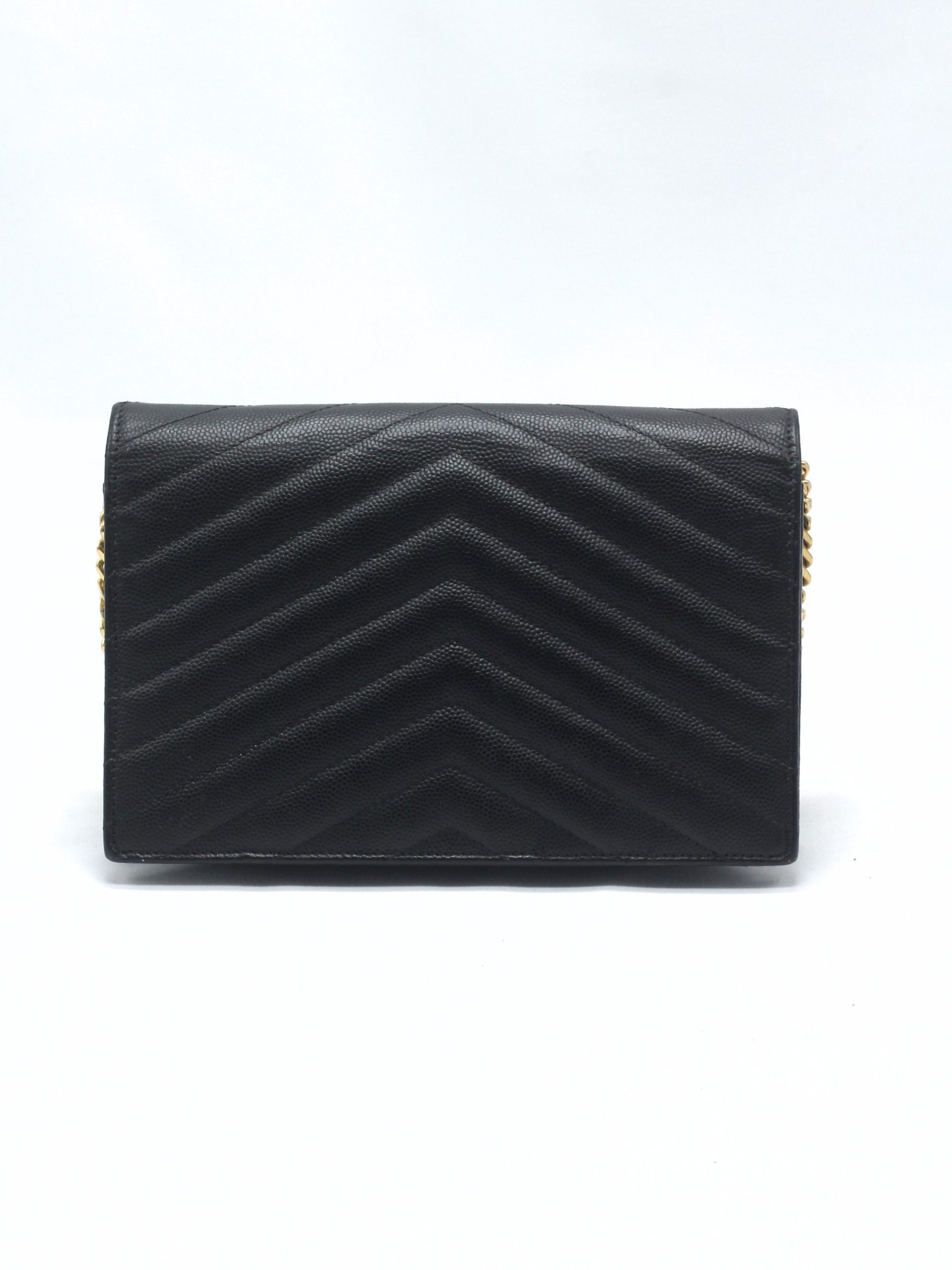 Saint Laurent Cassandre Envelope Chain Wallet in Black Grain de Poudre Leather