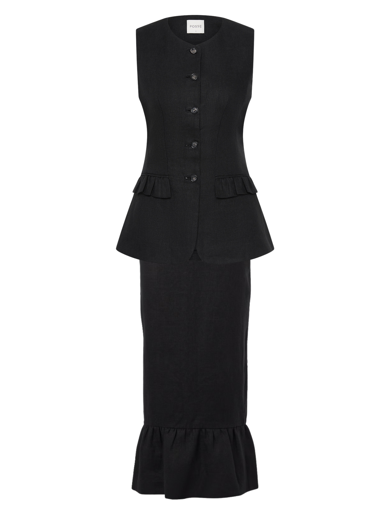 Posse Matilda Ruffled Set - Gilet Vest and Skirt - Black Linen - Small