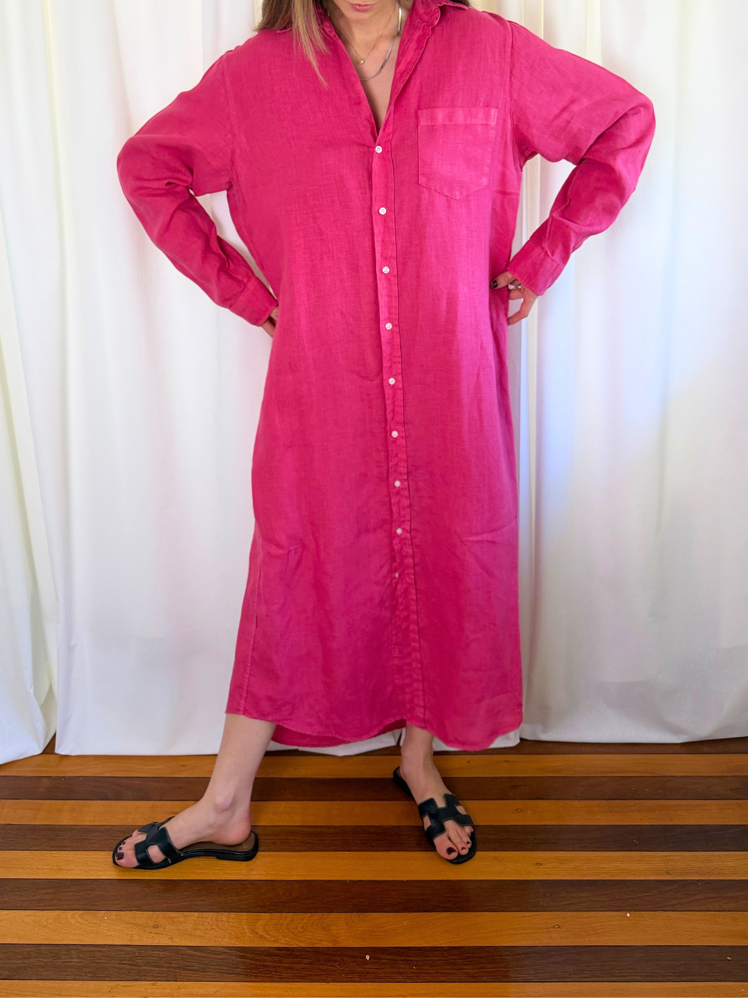 Frank & Eileen - Rory Washed Linen Maxi Shirtdress – Raspberry Pink - Size Large