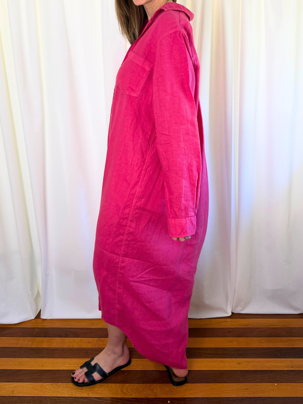 Frank & Eileen - Rory Washed Linen Maxi Shirtdress – Raspberry Pink - Size Large