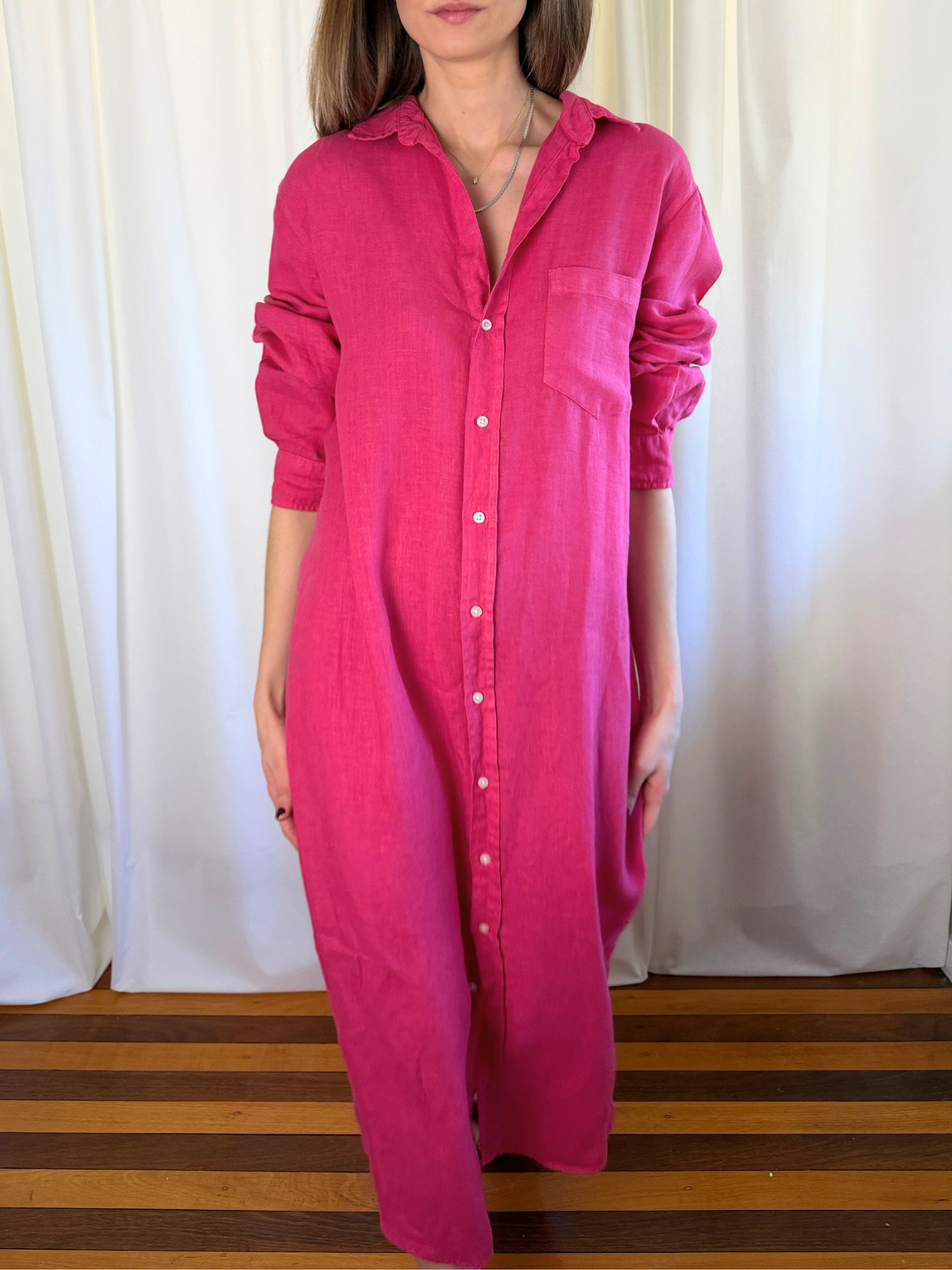 Frank & Eileen - Rory Washed Linen Maxi Shirtdress – Raspberry Pink - Size Large