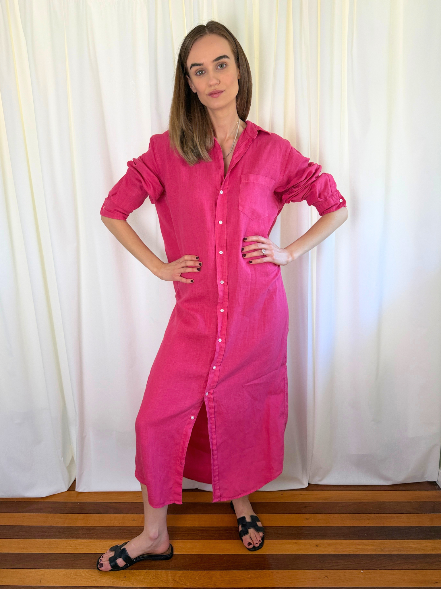 Frank & Eileen - Rory Washed Linen Maxi Shirtdress – Raspberry Pink - Size Large