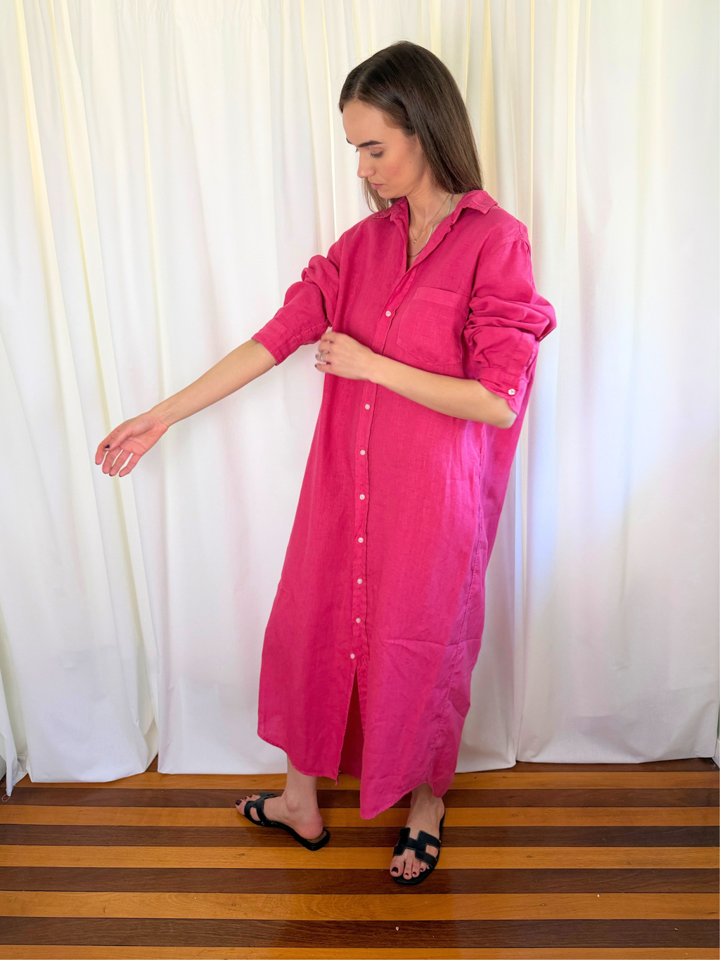 Frank & Eileen - Rory Washed Linen Maxi Shirtdress – Raspberry Pink - Size Large