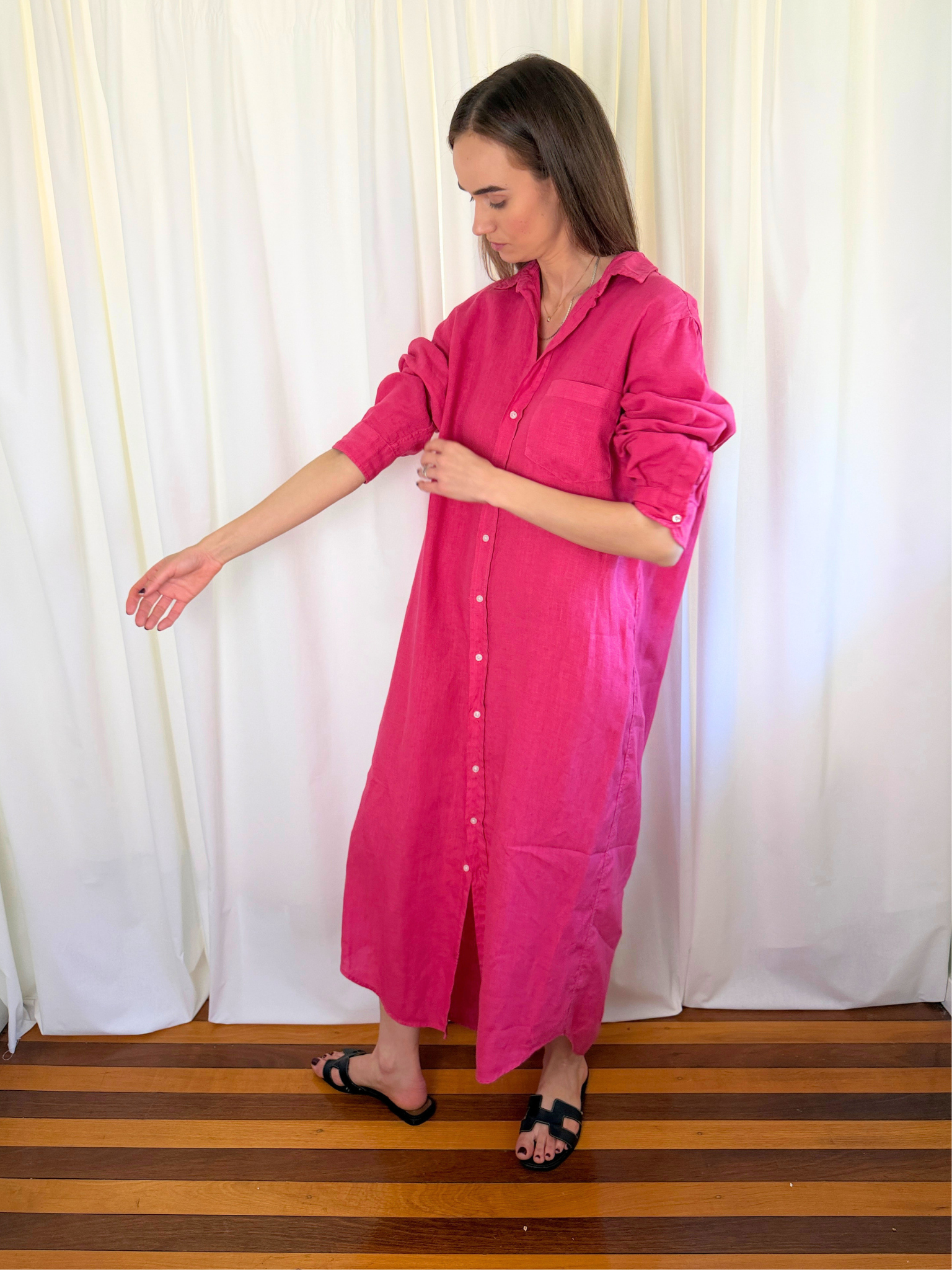 Frank & Eileen - Rory Washed Linen Maxi Shirtdress – Raspberry Pink - Size Large