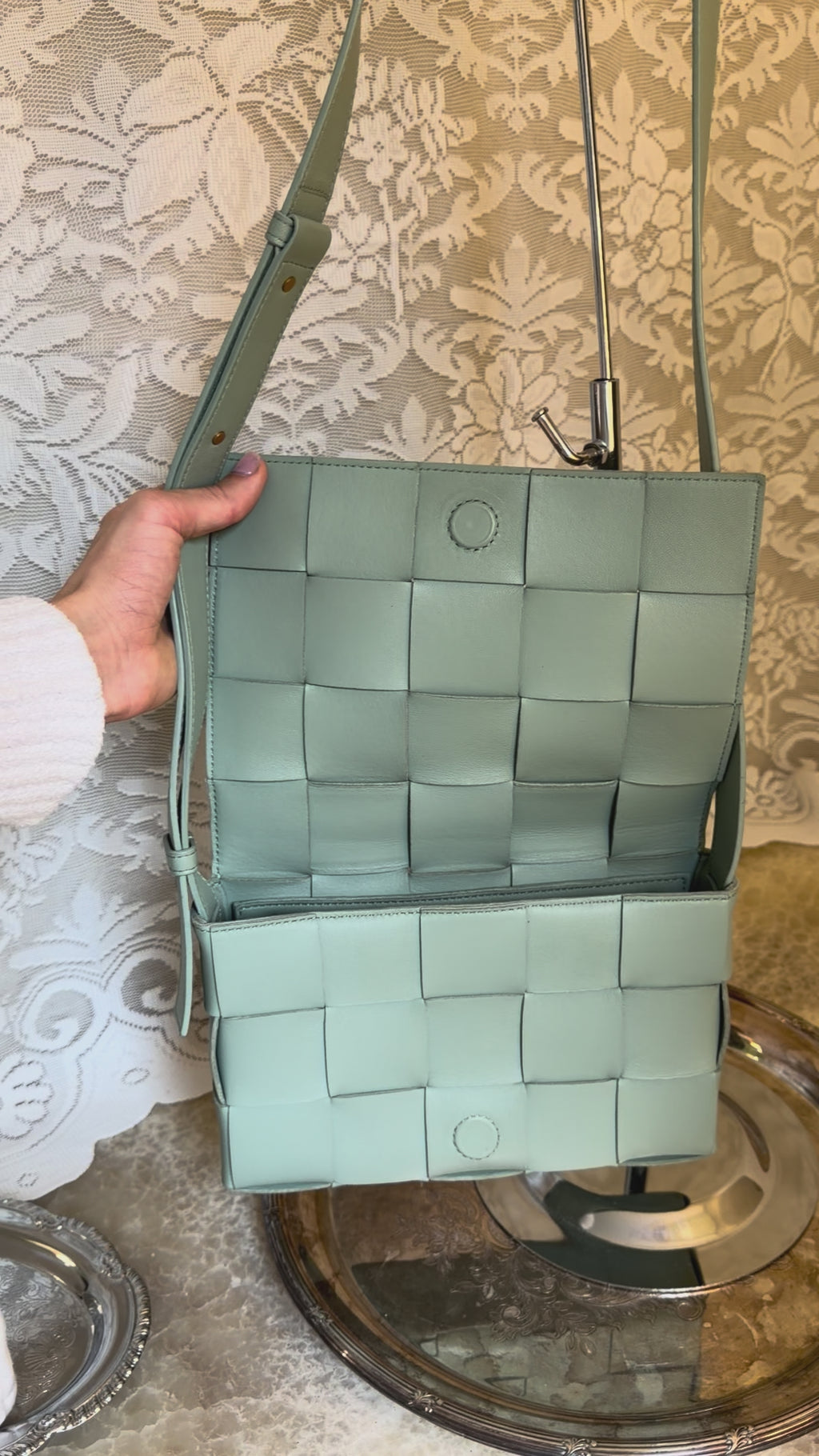 Bottega Veneta Calfskin Intreccio Cassette Bag in Teal Washed