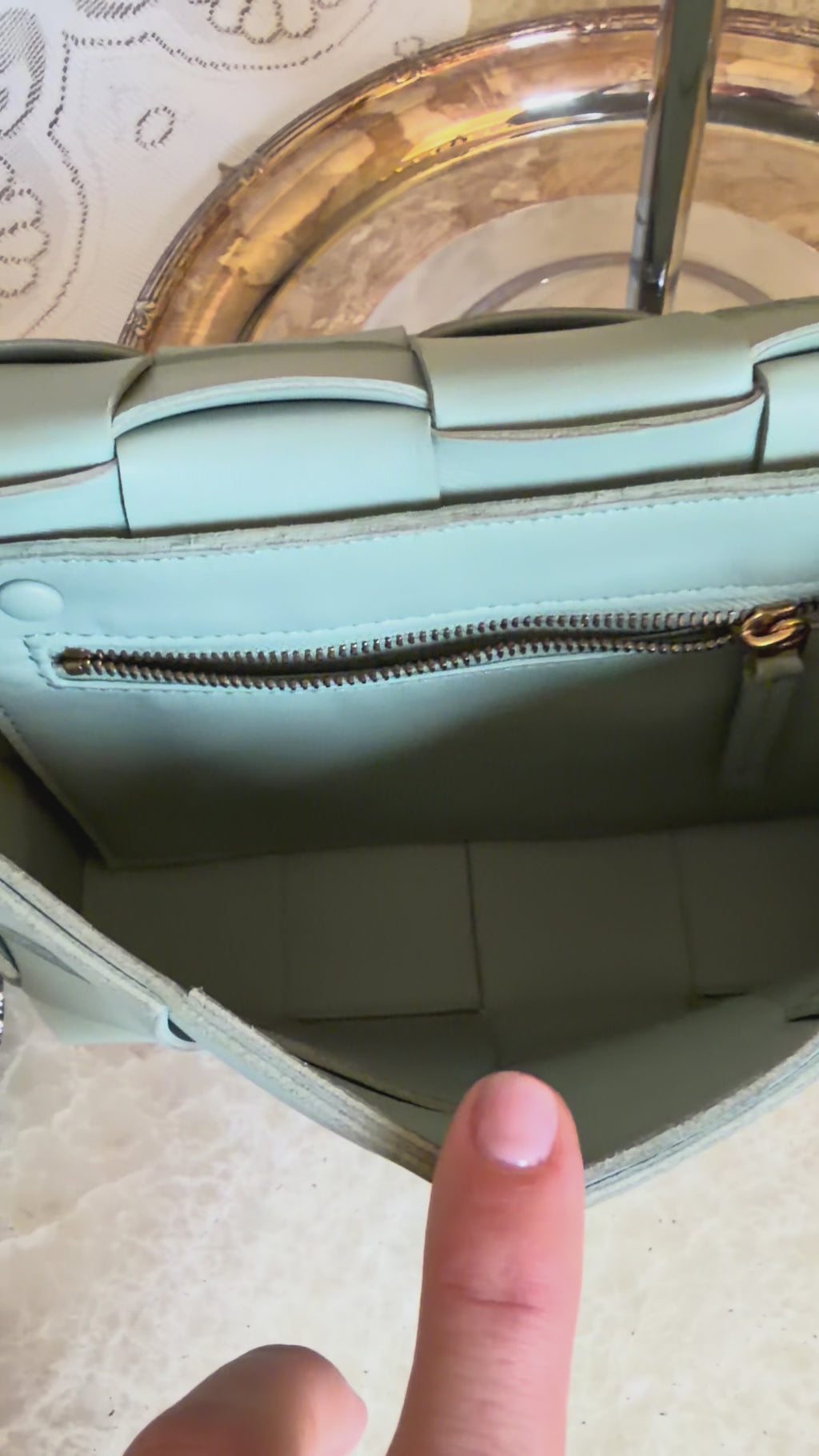 Bottega Veneta Calfskin Intreccio Cassette Bag in Teal Washed